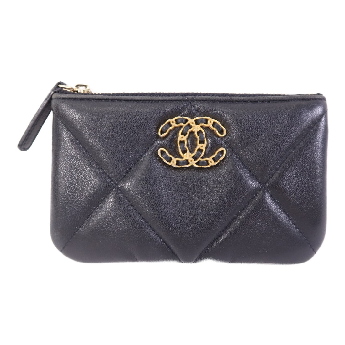 Chanel 19 Mini Black Lambskin Leather Coin Purse with Gold Tone CC: Chanel 19 Mini Black Lambskin Leather Coin Purse with Gold Tone CC This CHANEL 19 Mini Pouch Coin Case is crafted from luxurious black lambskin leather. The compact design features a classic CC accent