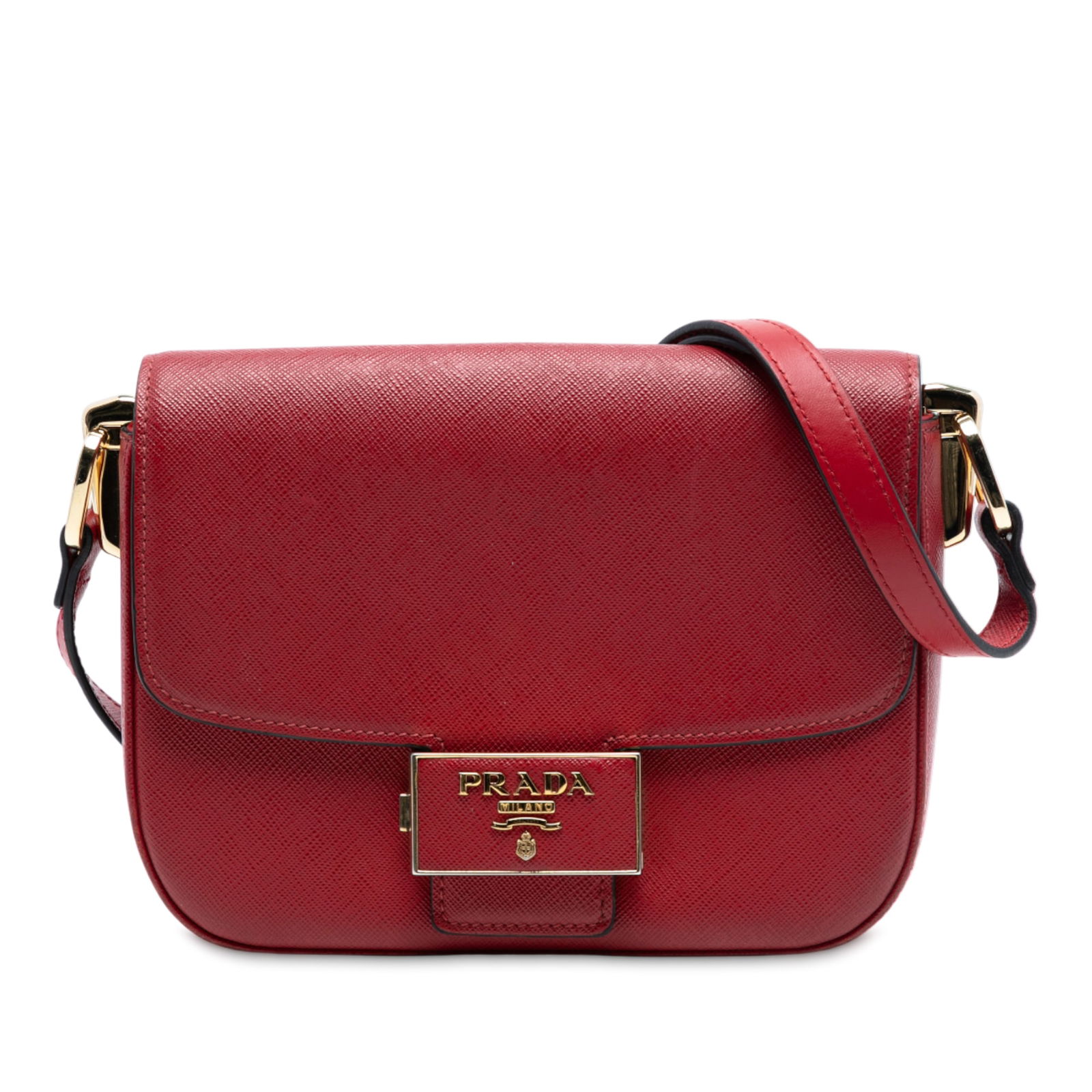 Prada Red Saffiano Lux Embleme Leather Crossbody Bag with Flap Closure: Prada Red Saffiano Lux Embleme Leather Crossbody Bag with Flap Closure This Prada Saffiano Lux Embleme crossbody bag features a red Saffiano leather body with a flat leather shoulder strap, a front fl
