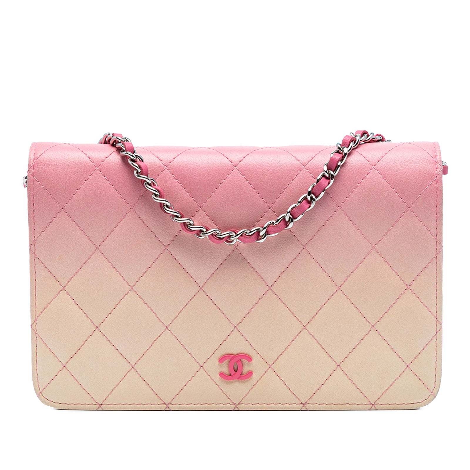 Chanel Ombre Lambskin Degrade Wallet On Chain Pink: Chanel Ombre Lambskin Degrade Wallet On Chain Pink This Chanel Ombre Lambskin Degrade Wallet On Chain is crafted from luxurious quilted lambskin leather in a beautiful pink hue. It features a stylish
