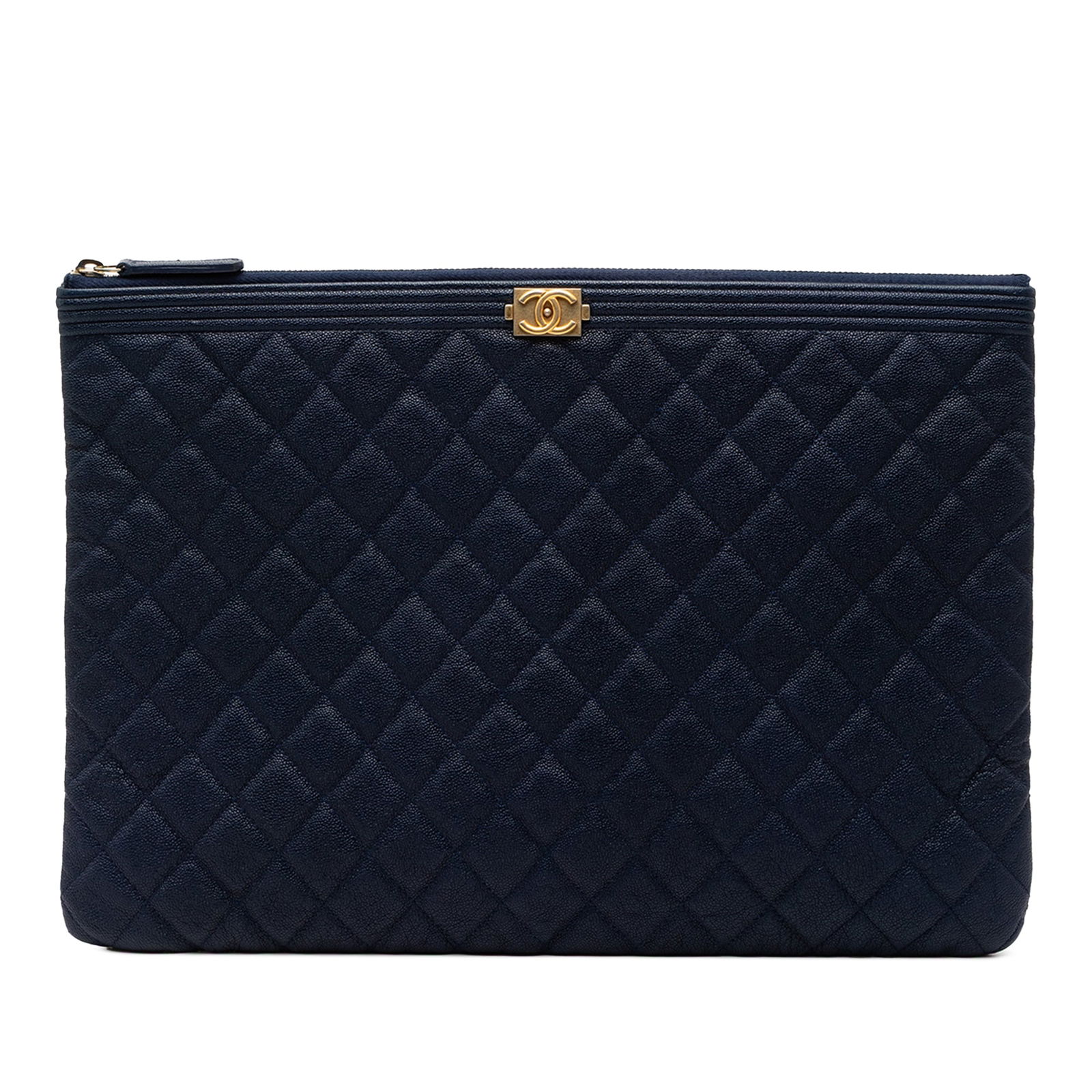 Chanel Boy O Case Blue Quilted Caviar Leather Large Zip Clutch: Chanel Boy O Case Blue Quilted Caviar Leather Large Zip Clutch This Chanel clutch features a quilted caviar leather exterior in blue with a top zip closure and an interior zip pocket. The bag exhibits