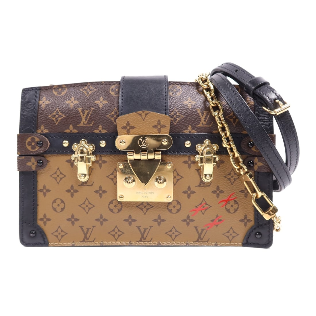 LOUIS VUITTON Monogram Reverse Trunk Clutch Shoulder Bag M43596: LOUIS VUITTON Monogram Reverse Trunk Clutch Shoulder Bag M43596 This elegant LOUIS VUITTON Shoulder Bag is a perfect blend of style and functionality. Crafted from durable PVC coated canvas, this bag