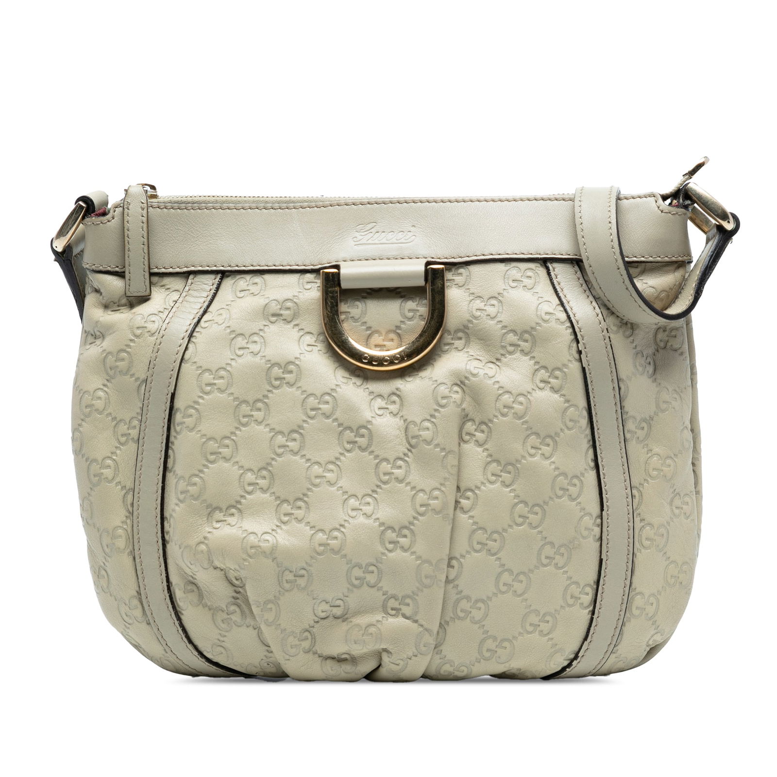 Gucci Guccissima Abbey D Ring White Leather Crossbody Bag: Gucci Guccissima Abbey D Ring White Leather Crossbody Bag Introducing the Guccissima Abbey D Ring Crossbody, an elegant accessory crafted from premium leather. This stylish bag features an adjustable