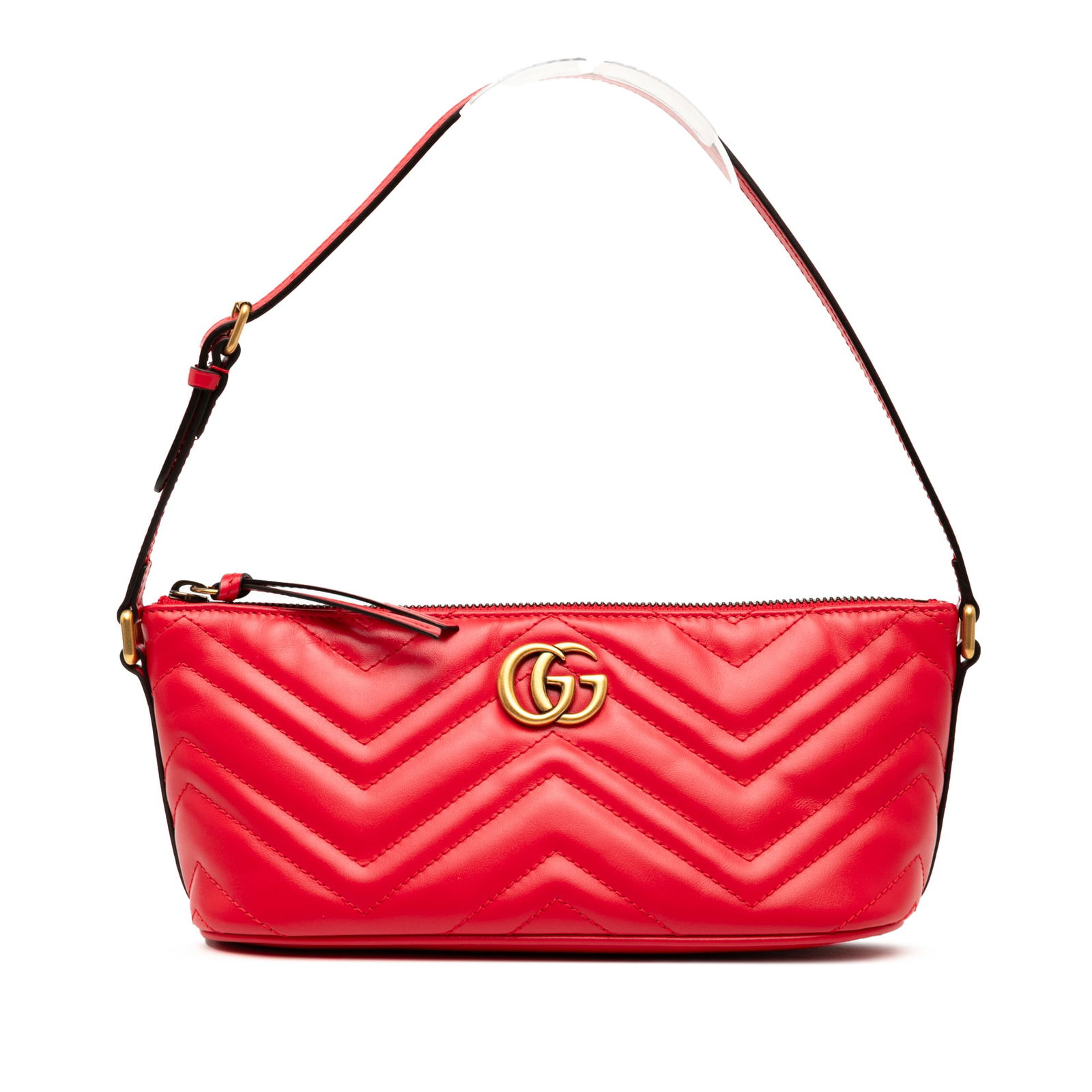 Gucci GG Marmont Red Leather Shoulder Bag with Dust Bag: Gucci GG Marmont Red Leather Shoulder Bag with Dust Bag The Gucci GG Marmont Matelasse Leather Shoulder Bag is a stylish accessory crafted from high-quality leather. It features an adjustable flat lea