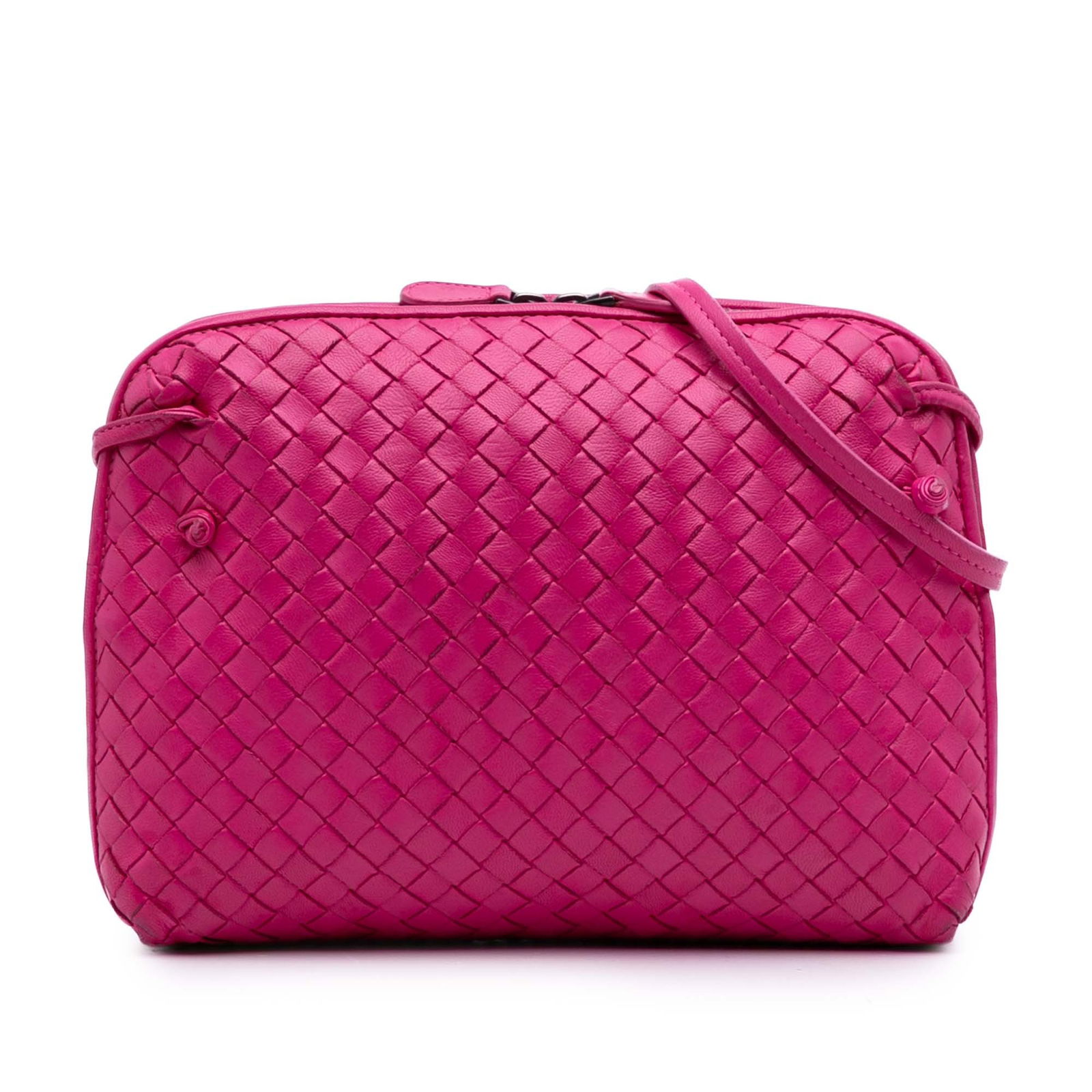 Bottega Veneta Pink Nappa Intrecciato Nodini Crossbody Bag: Bottega Veneta Pink Nappa Intrecciato Nodini Crossbody Bag This Bottega Veneta Nappa Intrecciato Nodini Crossbody bag is a luxurious accessory crafted from woven leather in a beautiful pink hue. It fe