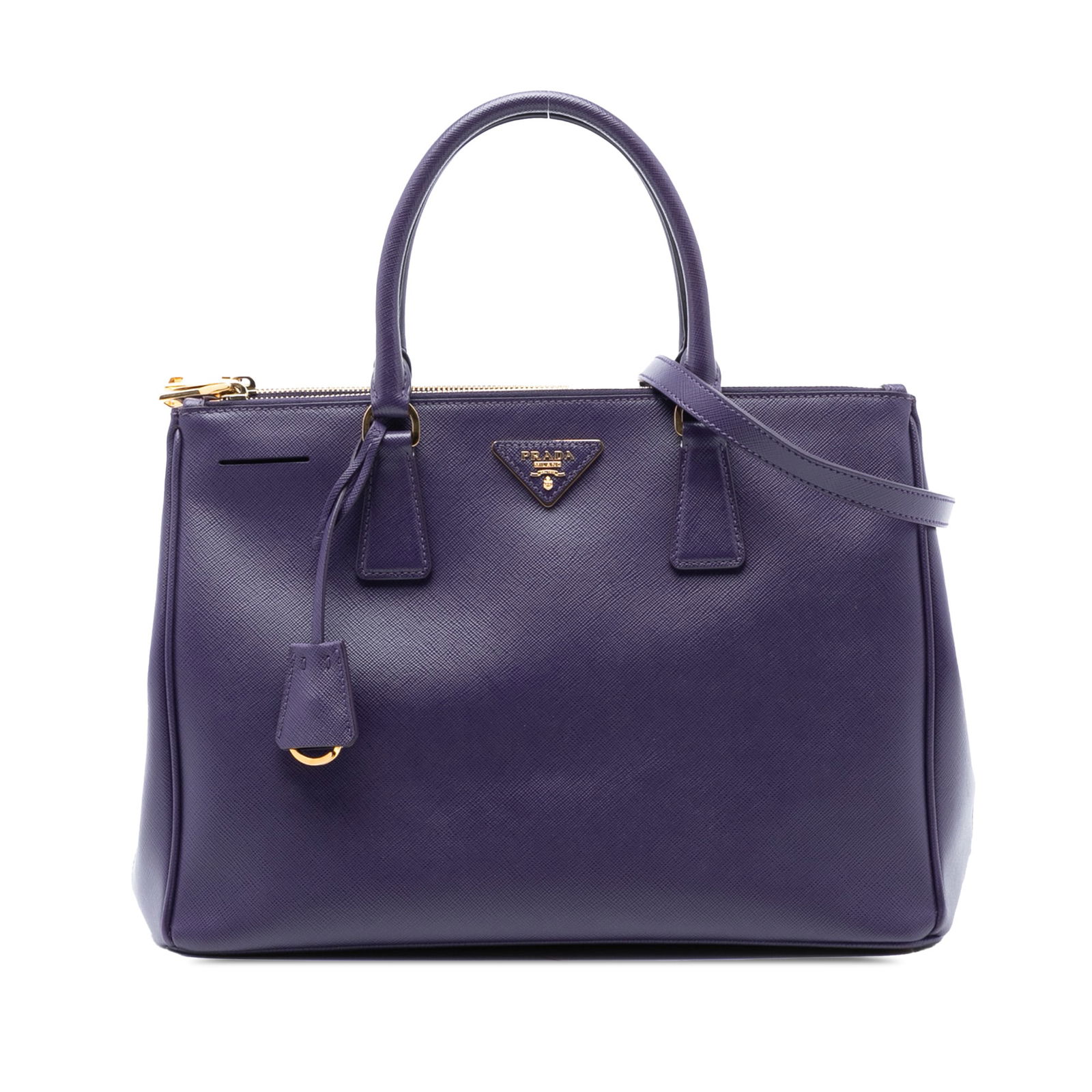 Prada Galleria Saffiano Leather Medium Purple Double Zip Satchel Bag: Prada Galleria Saffiano Leather Medium Purple Double Zip Satchel Bag This Prada Medium Saffiano Lux Galleria Double Zip Satchel features a saffiano leather body in purple, rolled leather handles, a de