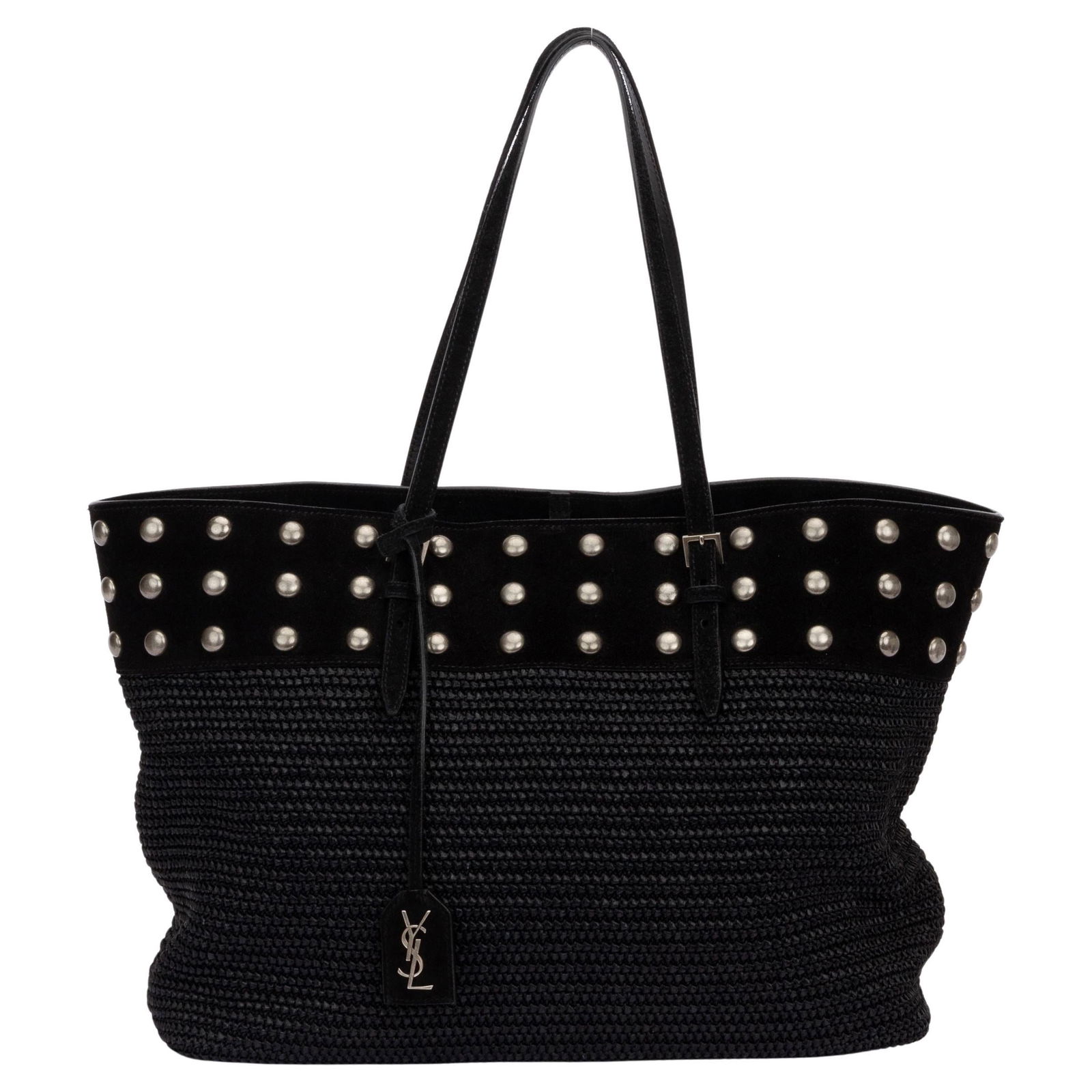 Yves Saint Laurent Black Wicker Studded Tote with Dust Cover: Yves Saint Laurent Black Wicker Studded Tote with Dust Cover Introducing the Yves Saint Laurent New Studded Black Tote, a stylish and versatile accessory crafted from durable black wicker. This tote f