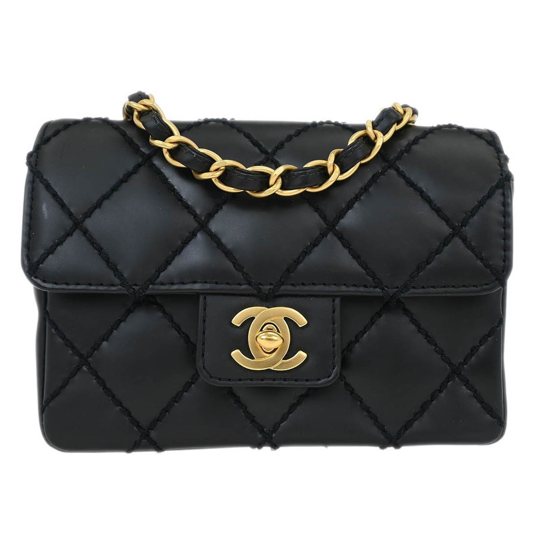 Chanel Black Calfskin Wild Stitch Mini Flap Shoulder Bag: Chanel Black Calfskin Wild Stitch Mini Flap Shoulder Bag Elevate your accessory collection with this stunning Chanel Black Calfskin Wild Stitch Single Flap Shoulder Bag. Crafted in France, this mini t