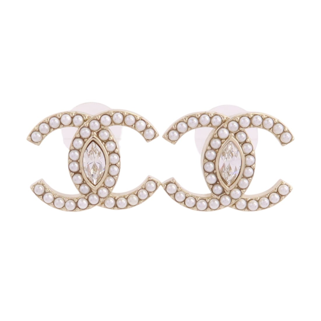 Chanel White CC Logo Gold Tone Strass Pierced Earrings L21K: Chanel White CC Logo Gold Tone Strass Pierced Earrings L21K These CHANEL pierced earrings feature the signature CC logo design accented with strass and crafted from metal and PVC in a white and gold c