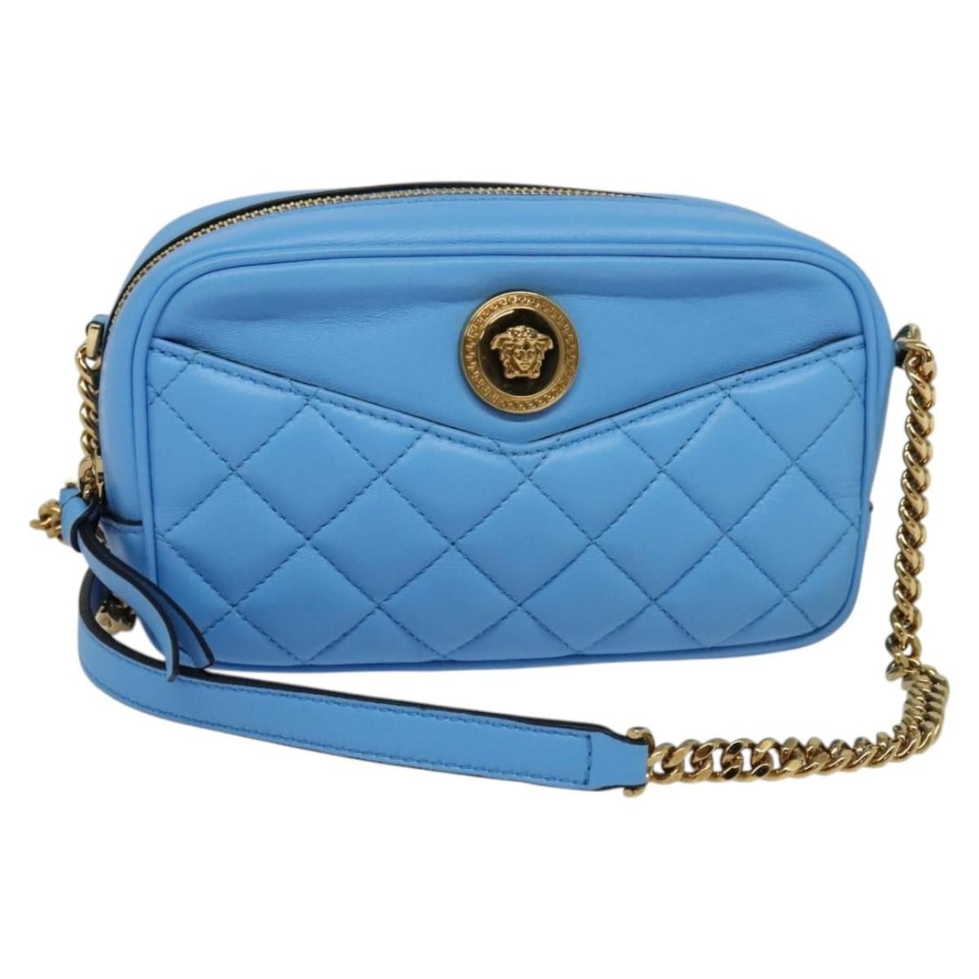VERSACE Blue Gold Leather Quilted Chain Shoulder Bag Italy Auth 120479: VERSACE Blue Gold Leather Quilted Chain Shoulder Bag Italy Auth 120479 Elevate your style with this VERSACE Quilted Chain Shoulder Bag, a perfect blend of luxury and practicality. Crafted in Italy, th