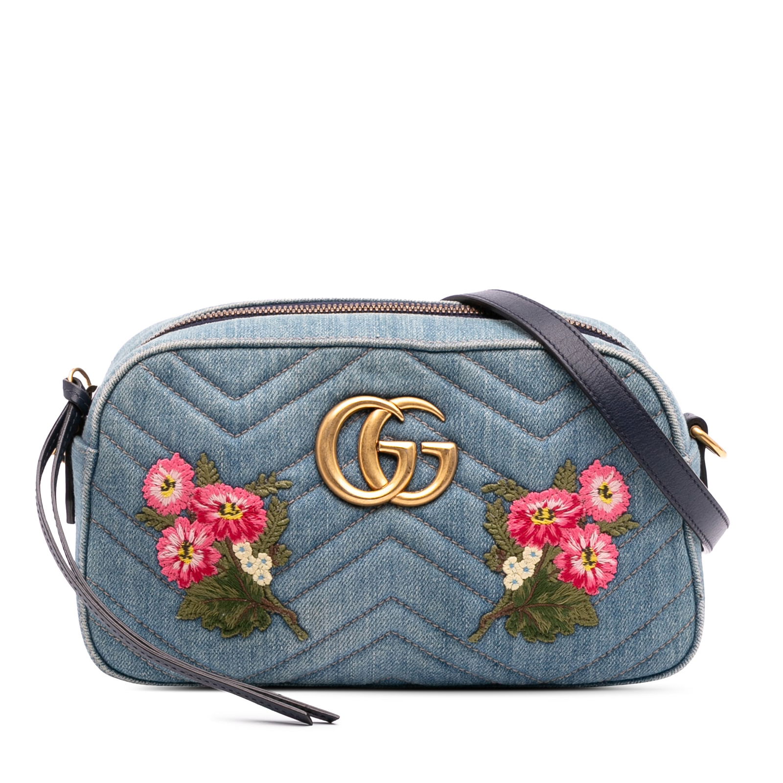 Gucci Small GG Marmont Denim Crossbody Bag with Embroidery: Gucci Small GG Marmont Denim Crossbody Bag with Embroidery The Gucci Small GG Marmont Embroidered Matelasse Denim Crossbody is a stylish and functional accessory that showcases a unique embroidered de