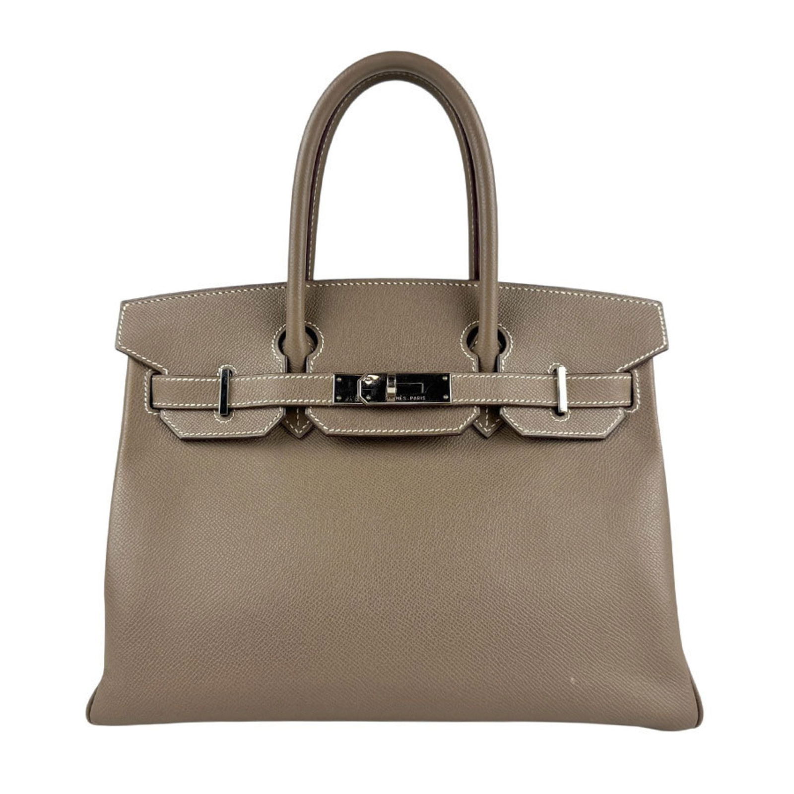 Grey Leather Birkin 30 Handbag by Hermes with 30 cm Width: Grey Leather Birkin 30 Handbag by Hermes with 30 cm Width This Hermes Birkin 30 handbag features a grey leather exterior and is designed for women. The bag was crafted in France and offers a spacious