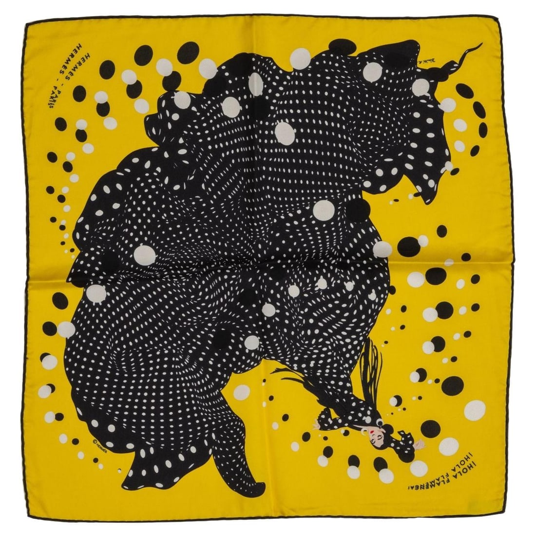 Hermes Hola Flamenca Yellow Black Silk Scarf 16in Handmade Trim: Hermes Hola Flamenca Yellow Black Silk Scarf 16in Handmade Trim Elevate your accessory collection with this stunning Hermes Hola Flamenca scarf. Crafted from luxurious silk, this piece features a vibr