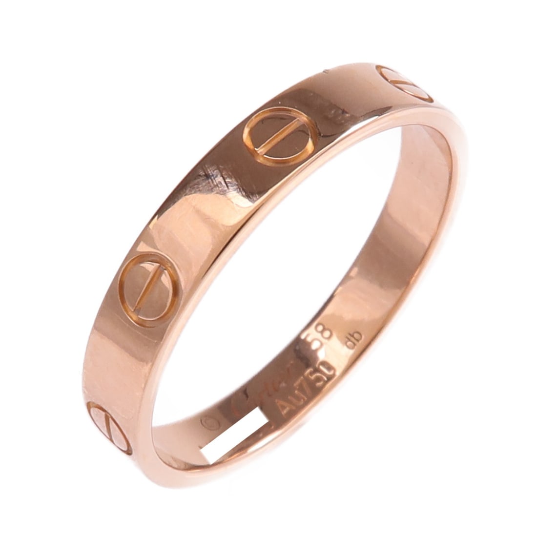 Cartier Mini Love Ring in 18K Rose Gold Size 8.25: Cartier Mini Love Ring in 18K Rose Gold Size 8.25 This is a Cartier Mini Love Ring crafted in 18K pink (rose) gold. The ring does not feature any main stone and is a size 8.25 US. Made in France, it i
