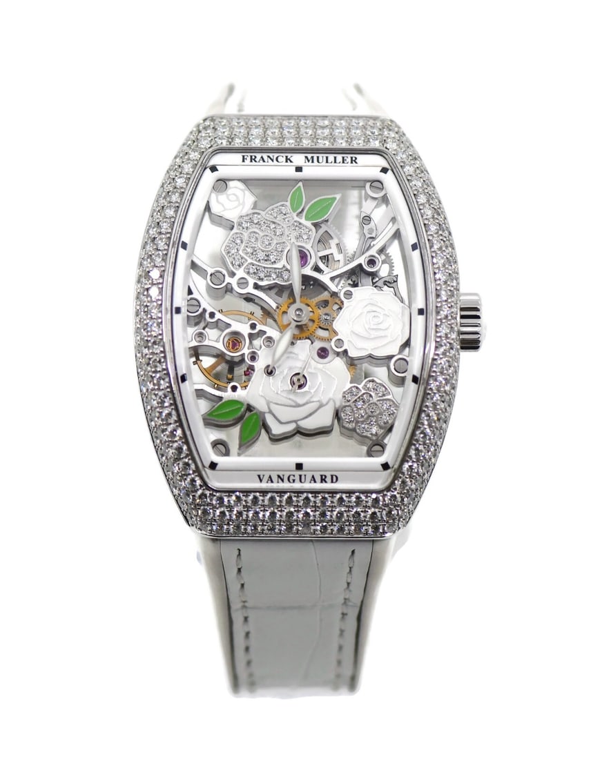 Franck Muller Vanguard Flower Diamond 18K White Gold Watch V35S6SQT Authentic Box and Papers: Franck Muller Vanguard Flower Diamond 18K White Gold Watch V35S6SQT Authentic Box and Papers Discover the elegance of the Franck Muller Vanguard Flower Diamond watch, crafted in luxurious 18K white go