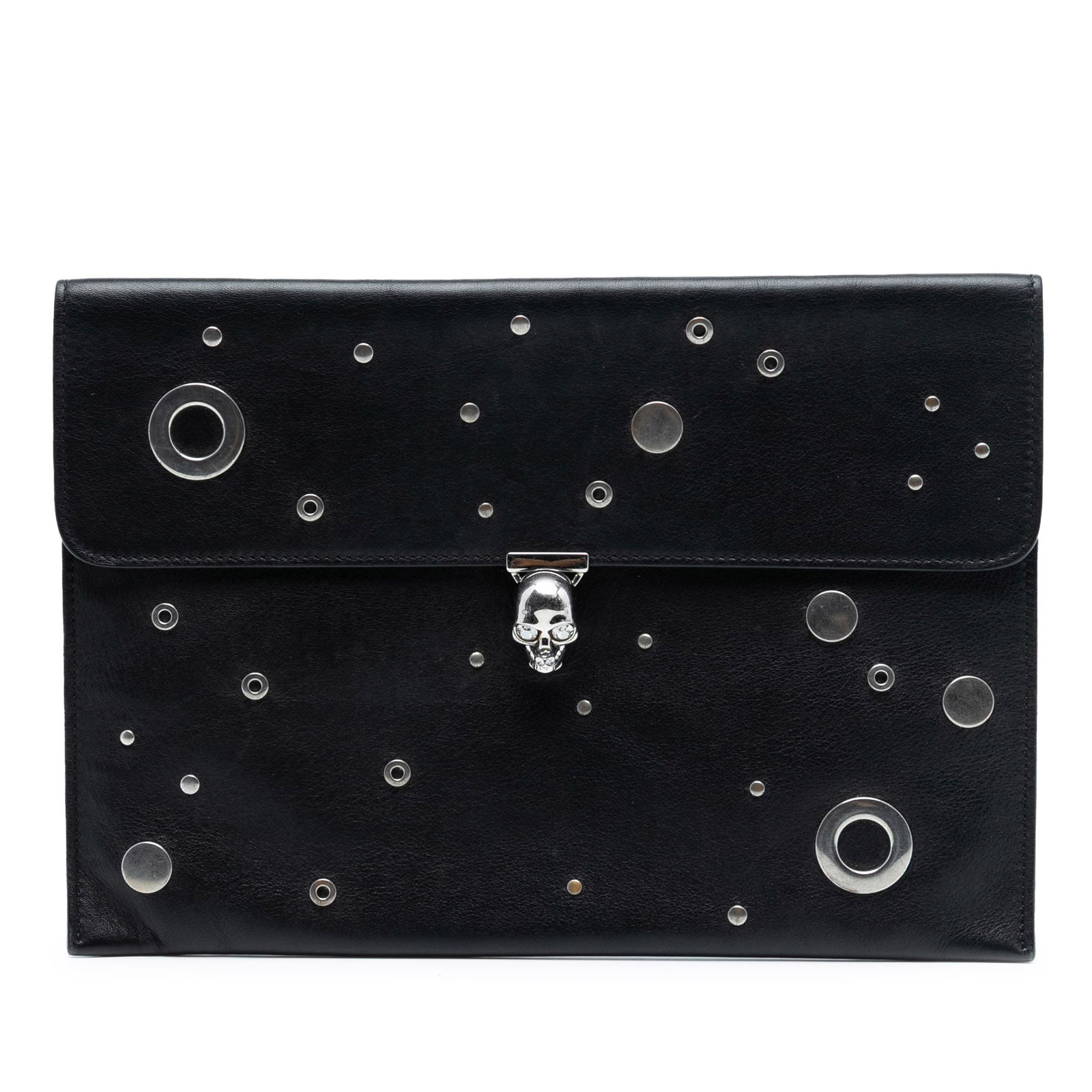 Alexander McQueen Black Leather Skull Studded Grommet Clutch Bag: Alexander McQueen Black Leather Skull Studded Grommet Clutch Bag This Alexander McQueen clutch features a studded leather exterior with grommet and skull details, a front flap with magnetic snap closu