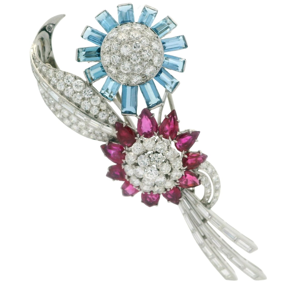 Trabert & Hoeffer Mauboussin Platinum GIA Ruby Aquamarine Diamond Brooch: Trabert & Hoeffer Mauboussin Platinum GIA Ruby Aquamarine Diamond Brooch This exquisite vintage flower brooch showcases the artistry of Trabert & Hoeffer Mauboussin, featuring a stunning combination o