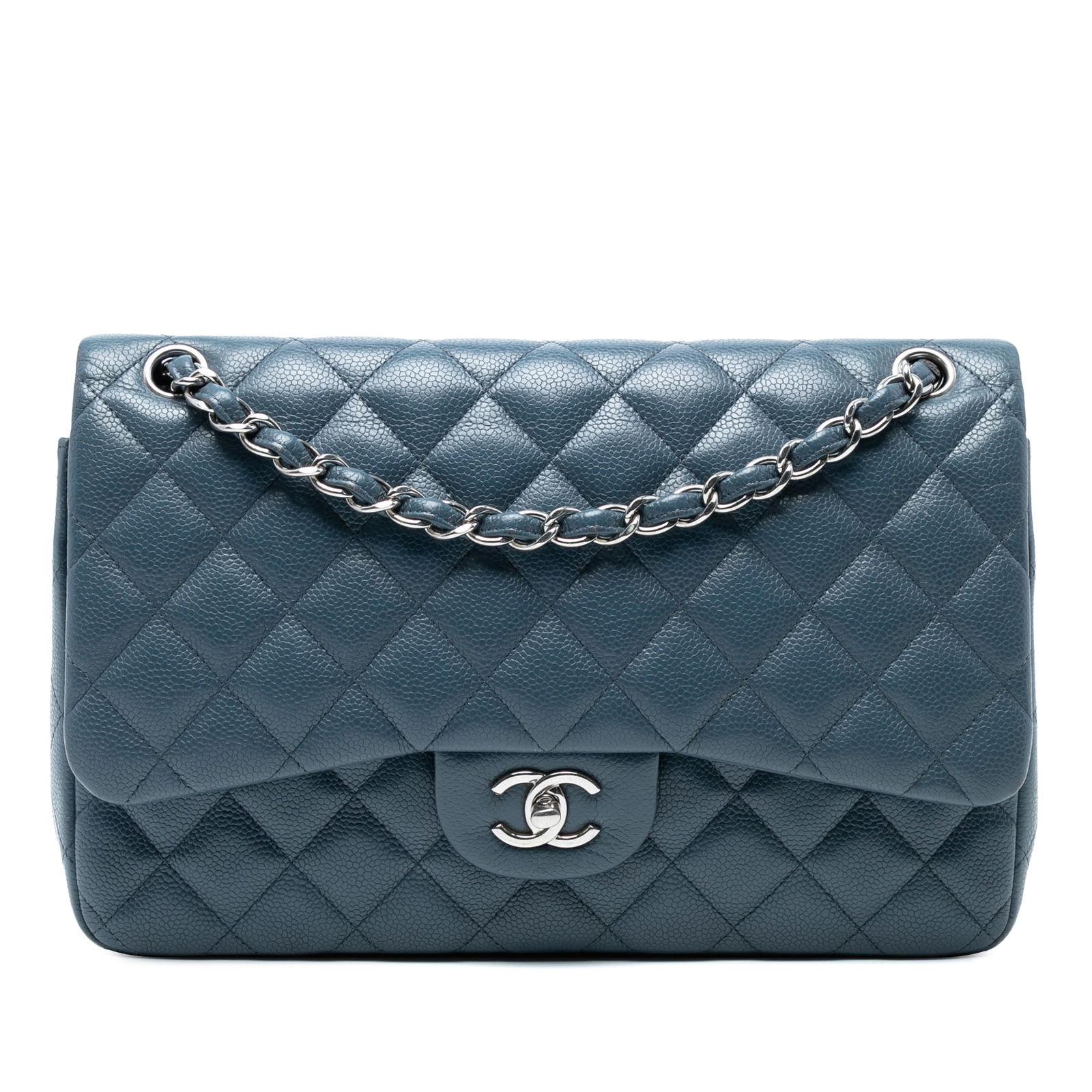 Chanel Jumbo Classic Caviar Double Flap Blue Leather Bag: Chanel Jumbo Classic Caviar Double Flap Blue Leather Bag Elevate your style with the Chanel Jumbo Classic Caviar Double Flap shoulder bag. This exquisite bag is crafted from luxurious quilted caviar l