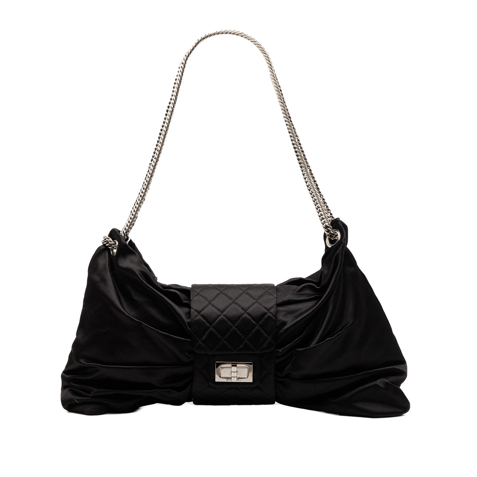 Black Satin Quilted Mademoiselle Bow Shoulder Bag by Chanel Medium: Black Satin Quilted Mademoiselle Bow Shoulder Bag by Chanel Medium This Chanel Medium Satin Bow Mademoiselle Shoulder Bag features a quilted satin exterior in black, chain link straps, a top zip closu