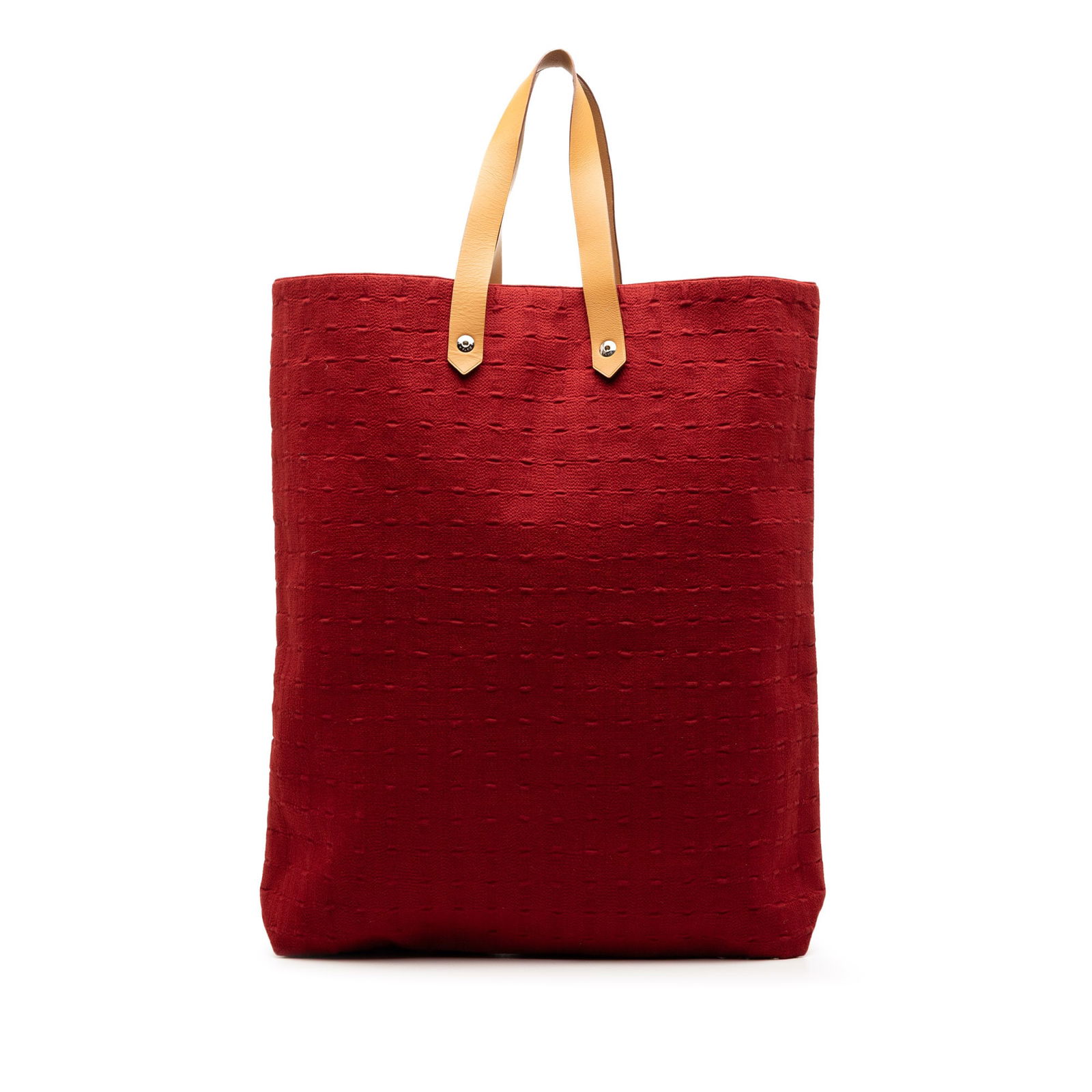 Hermes Ahmedabad Cabas II GM Red Canvas Tote with Leather Handles: Hermes Ahmedabad Cabas II GM Red Canvas Tote with Leather Handles This Hermes Ahmedabad Cabas II GM tote features a durable canvas body with flat leather handles, an open top design, and an interior s