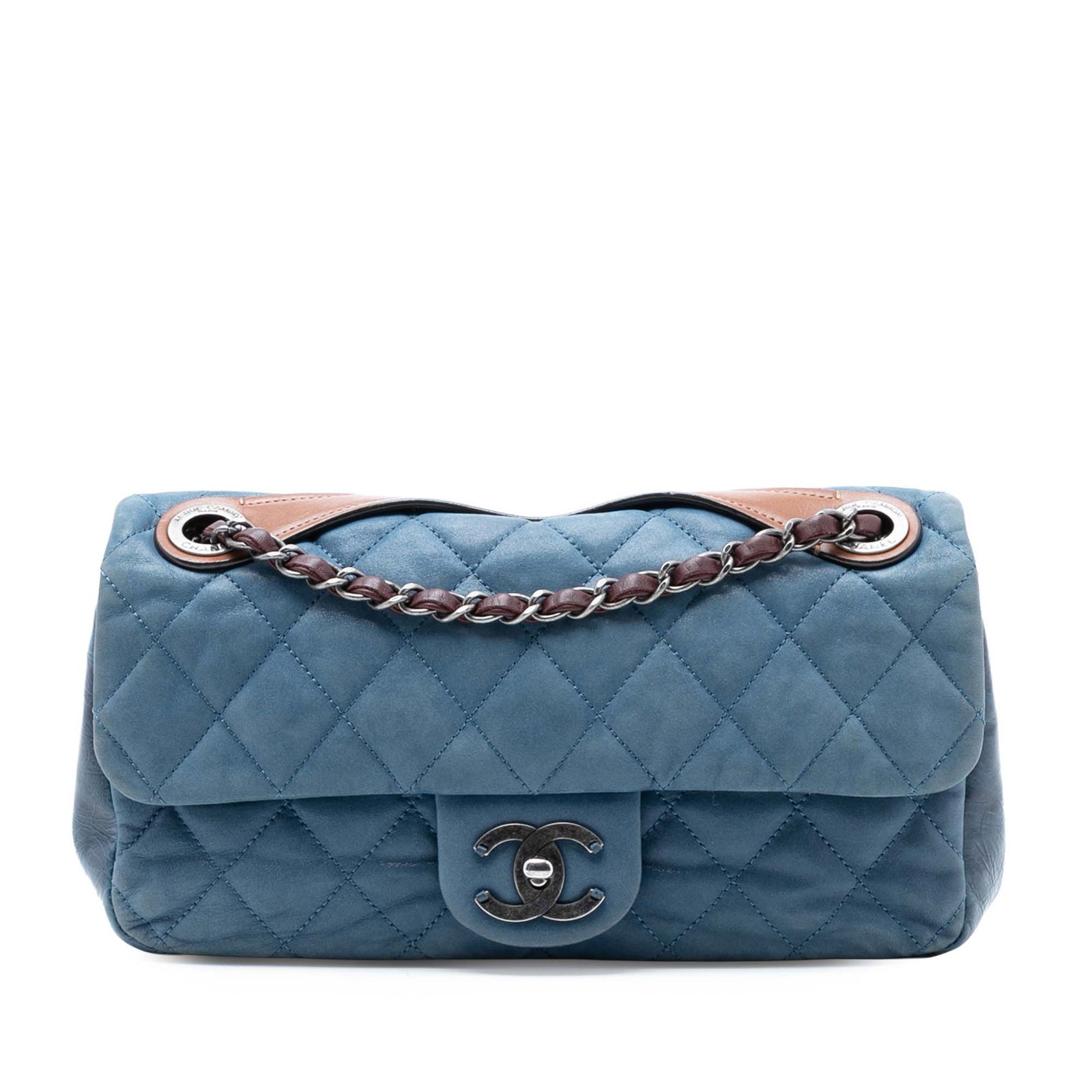 Blue Chanel In The Mix Medium Flap Shoulder Bag Iridescent Calfskin: Blue Chanel In The Mix Medium Flap Shoulder Bag Iridescent Calfskin This Chanel Medium Iridescent Calfskin In The Mix Flap shoulder bag features a quilted leather exterior in blue, a woven chain strap