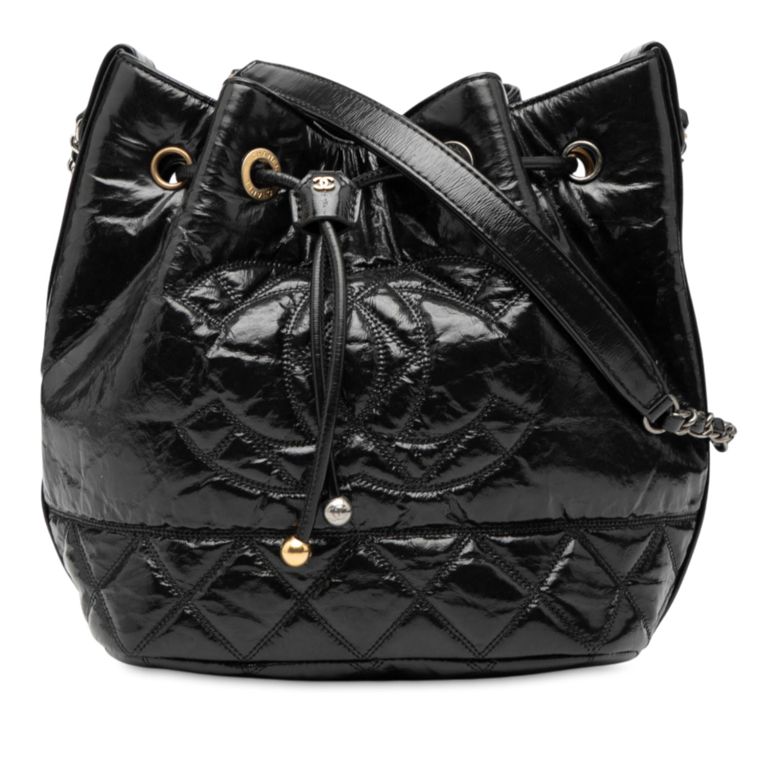 Chanel Black Shiny Aged Calfskin CC Chain Leather Drawstring Bucket Bag: Chanel Black Shiny Aged Calfskin CC Chain Leather Drawstring Bucket Bag This Chanel Shiny Aged Calfskin CC Chain Drawstring Bucket Bag features a leather body with a drawstring closure, complemented b