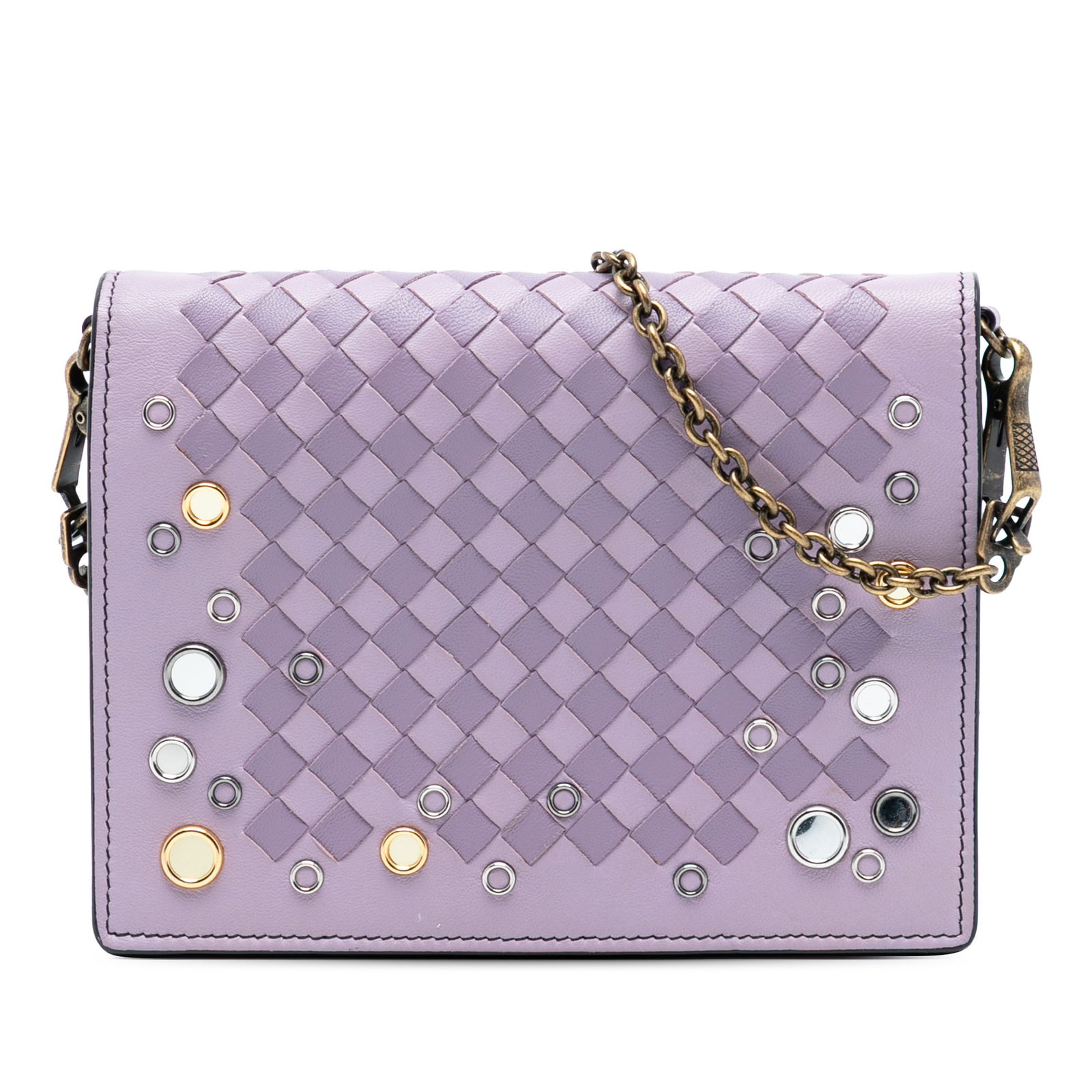 Bottega Veneta Studded Nappa Leather Chain Wallet Crossbody Purple: Bottega Veneta Studded Nappa Leather Chain Wallet Crossbody Purple This Bottega Veneta Nappa Intrecciato Studded Wallet on Chain is crafted from nappa leather and features metal embellishments. The ba