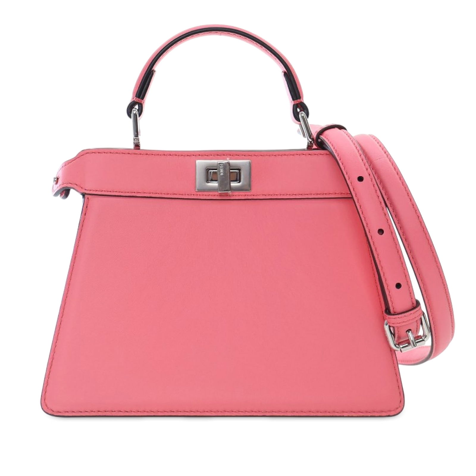 Pink Leather Fendi Peekaboo ISeeU Petite Satchel with Strap: Pink Leather Fendi Peekaboo ISeeU Petite Satchel with Strap The Fendi Petite Peekaboo ISeeU Satchel showcases a pink leather body with a flat leather top handle and an adjustable, detachable flat leat