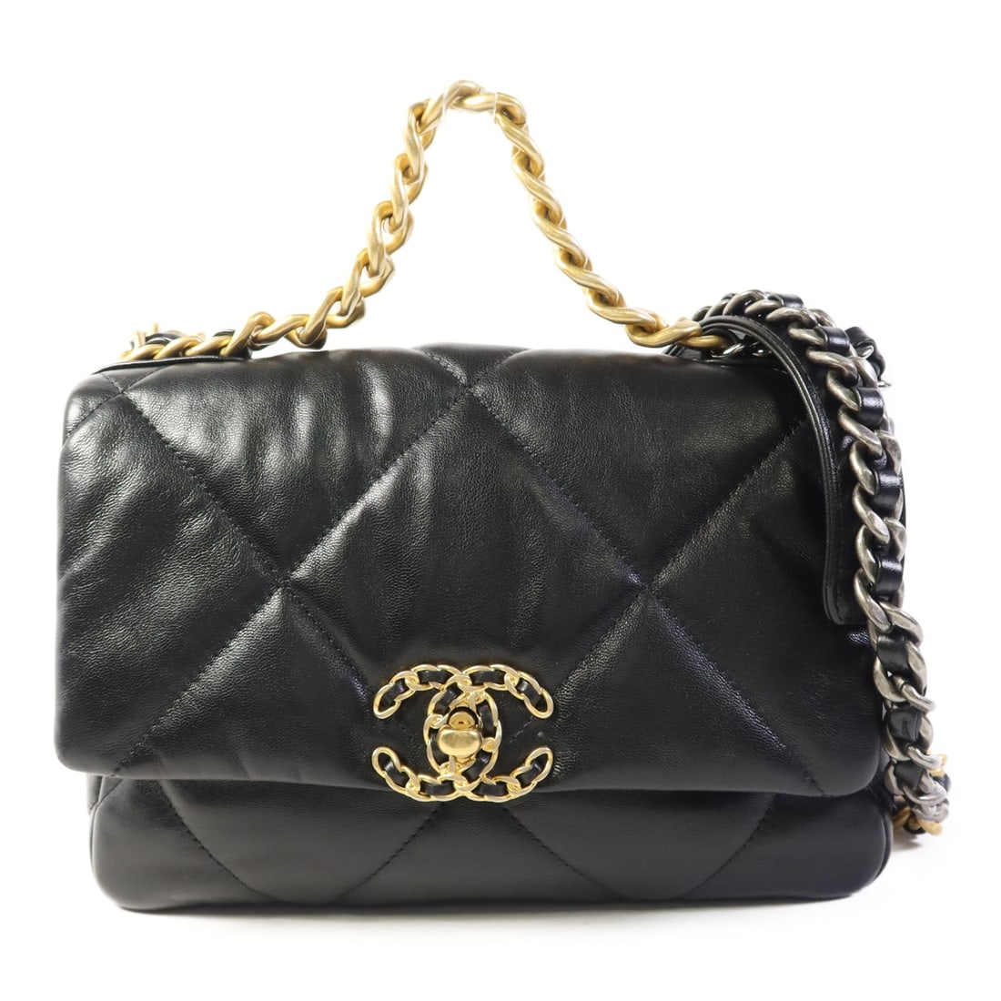 CHANEL CC C19 Black Lambskin 2Way Shoulder Hand Bag: CHANEL CC C19 Black Lambskin 2Way Shoulder Hand Bag Elevate your style with this CHANEL CC C19 Small 2Way Shoulder Hand Bag, crafted from luxurious lambskin leather in classic black. This stylish bag