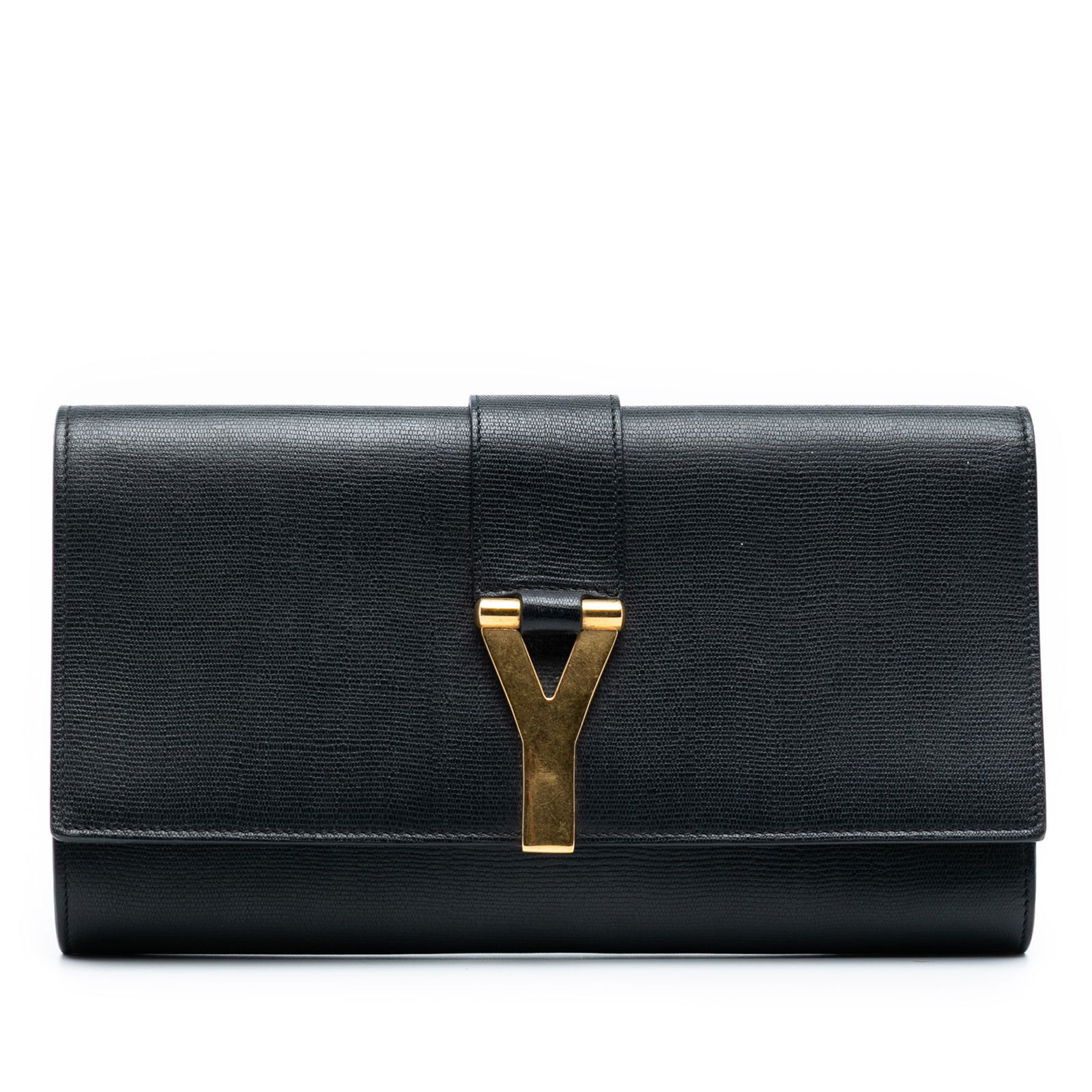 Black Leather Chyc Ligne Flap Clutch Bag with Gold Y Hardware: Black Leather Chyc Ligne Flap Clutch Bag with Gold Y Hardware This Saint Laurent Chyc Ligne Clutch features a black leather body with a front flap adorned by gold-tone Y hardware. The clutch includes