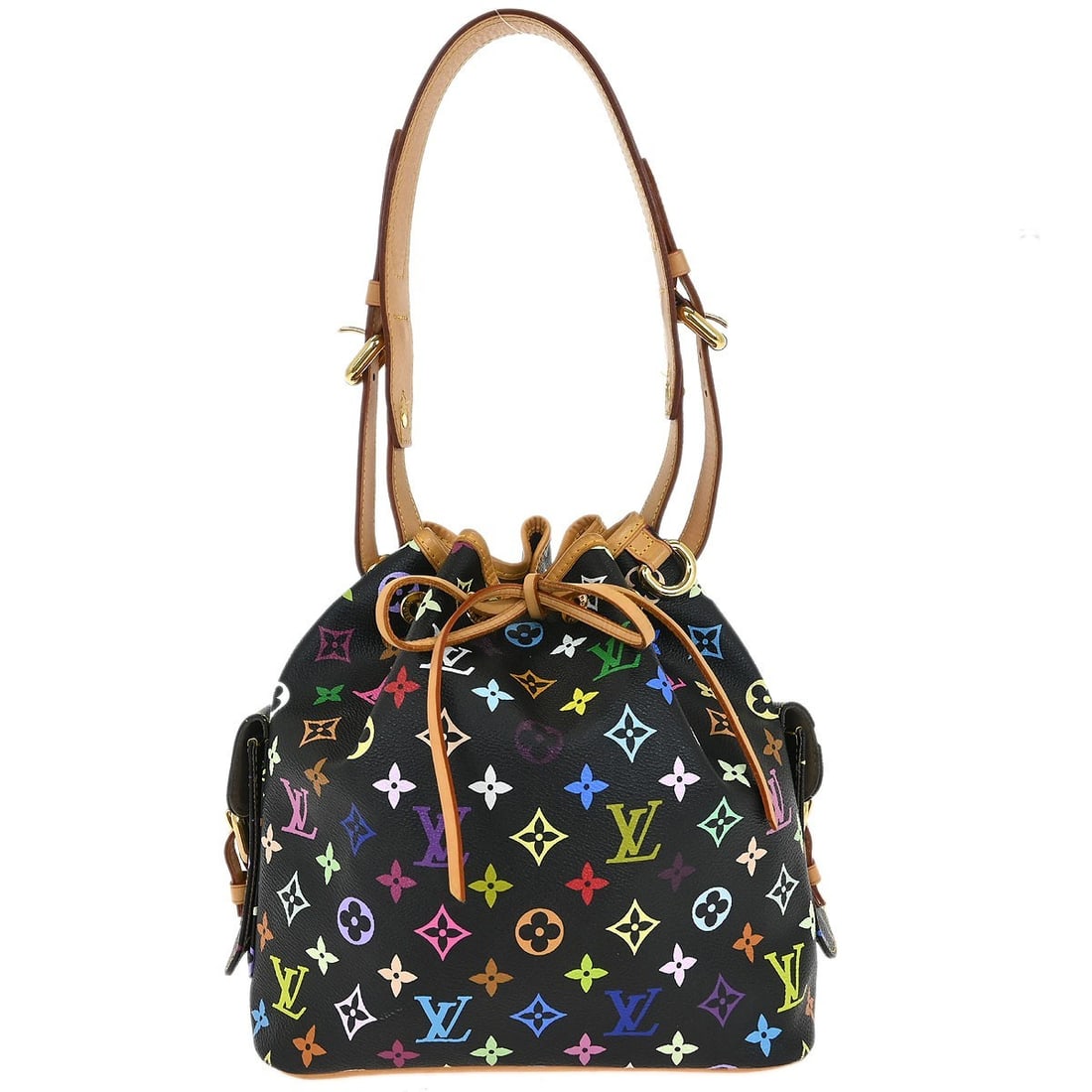 Louis Vuitton Black Multicolor Petite Noe Drawstring Handbag M42230: Louis Vuitton Black Multicolor Petite Noe Drawstring Handbag M42230 This Louis Vuitton Petite Noe Handbag showcases a chic black monogram multicolor canvas leather design. The medium-sized bucket and