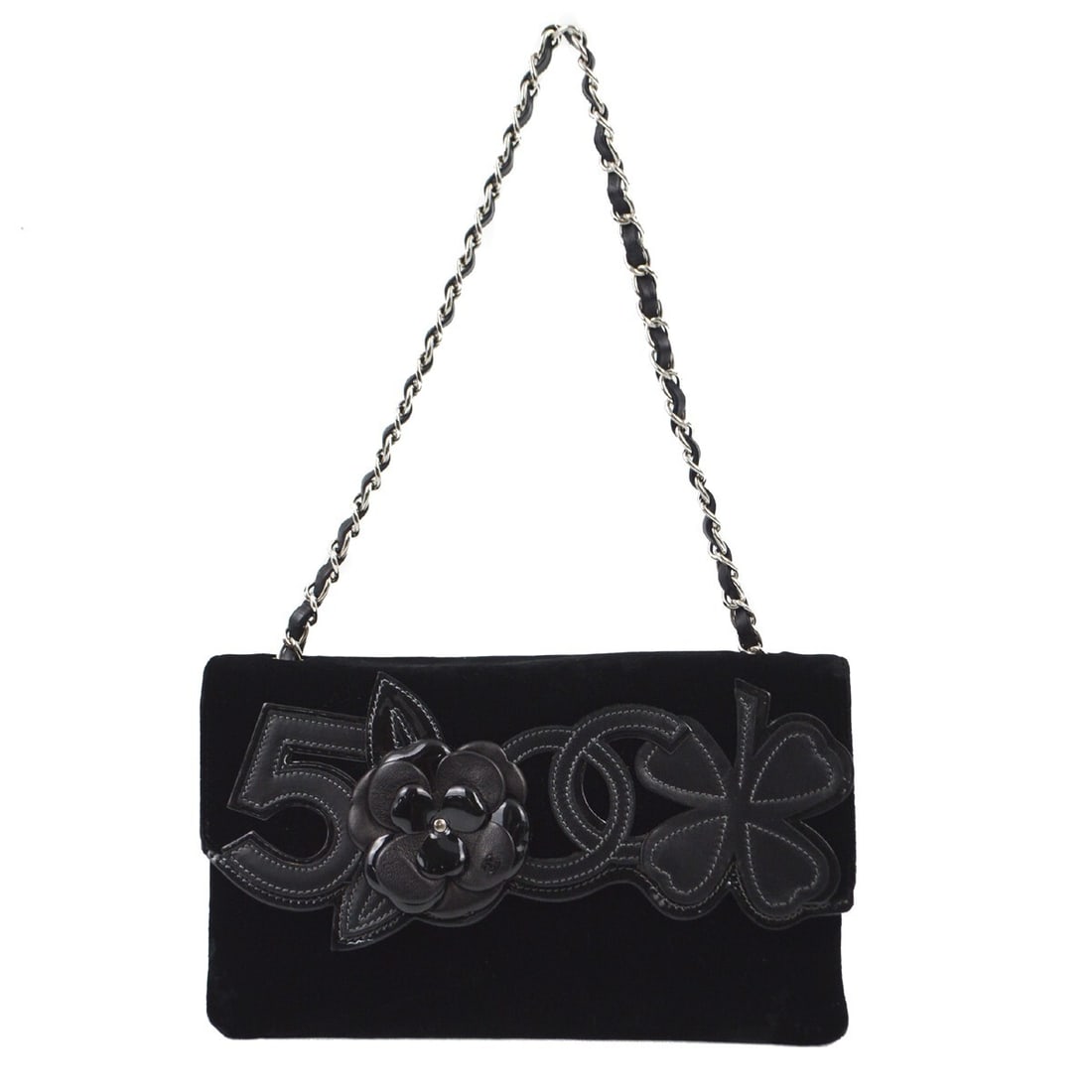 Chanel Black Velvet Camelia Shoulder Bag with Chain Strap: Chanel Black Velvet Camelia Shoulder Bag with Chain Strap This elegant Chanel Black Velvet Camelia Single Chain Shoulder Bag showcases a luxurious black velvet exterior with the iconic Chanel logo acc