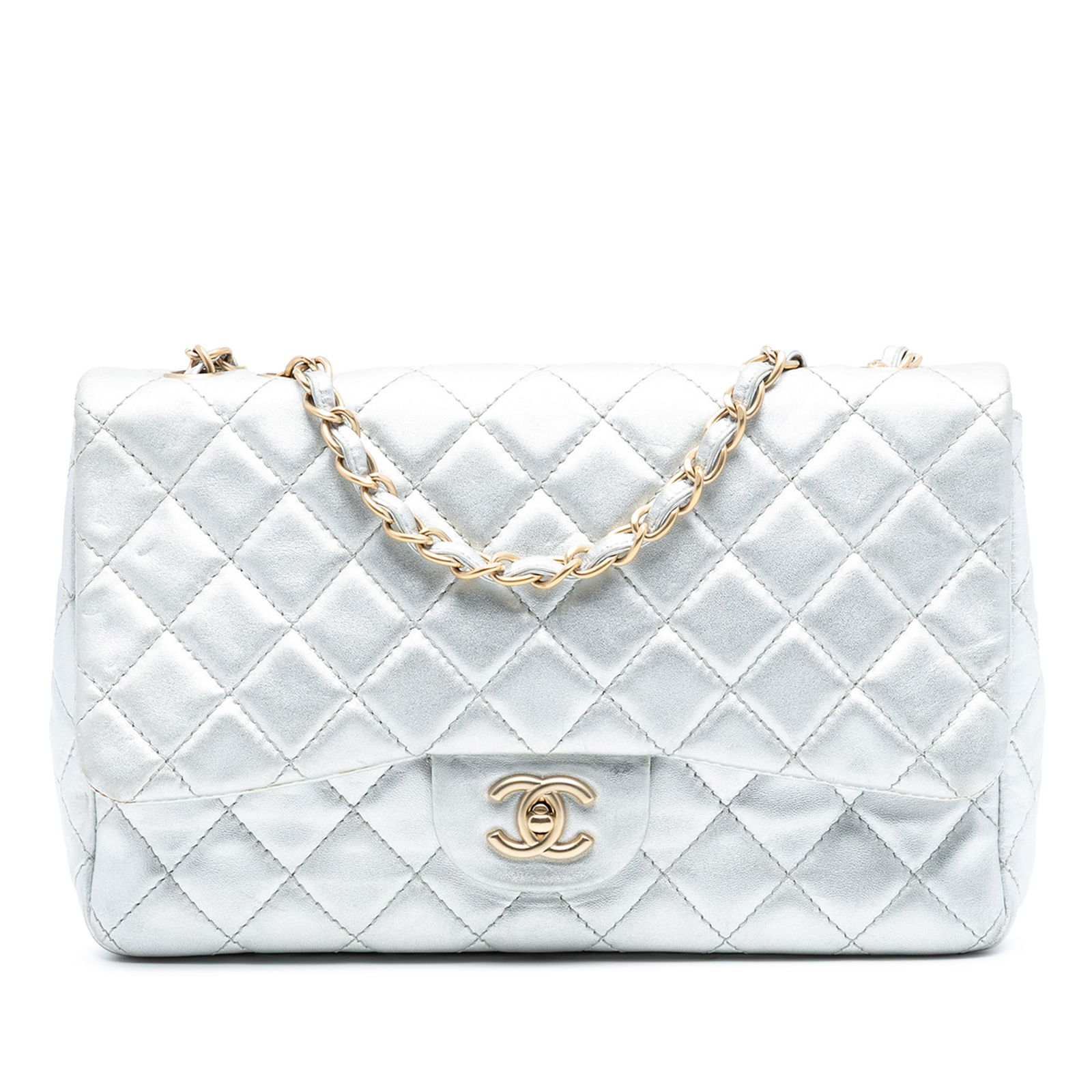 Chanel Silver Metallic Lambskin Jumbo Single Flap Shoulder Bag (1 of 7)