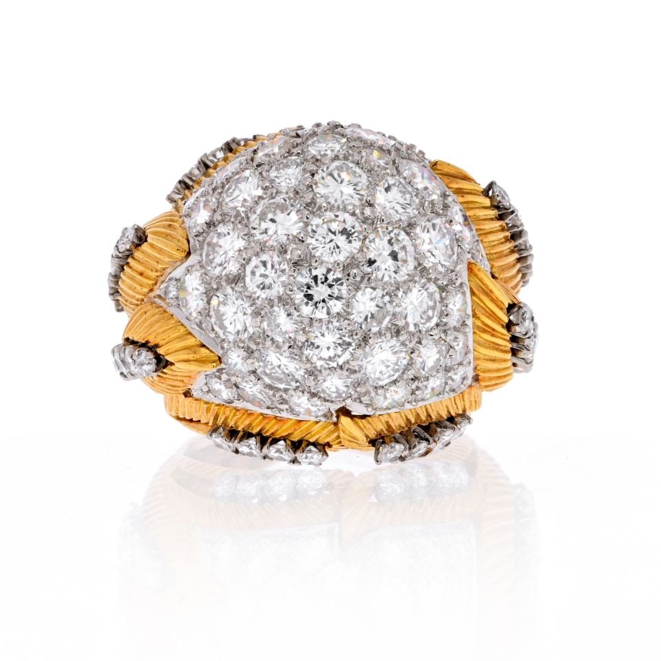 1950's Platinum 18K Gold 8.50cts Diamond Dome Ring: 1950's Platinum 18K Gold 8.50cts Diamond Dome Ring This exquisite estate ring features a stunning combination of platinum and 18K yellow gold. Crafted in the 1950s, the ring showcases a magnificent do