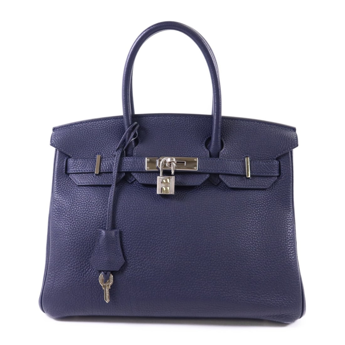 Bleu Nuit Calfskin Birkin 30 Handbag with Palladium Hardware: Bleu Nuit Calfskin Birkin 30 Handbag with Palladium Hardware This Hermes Birkin 30 handbag features a sophisticated navy exterior crafted from premium calfskin leather. The bag is designed with pallad