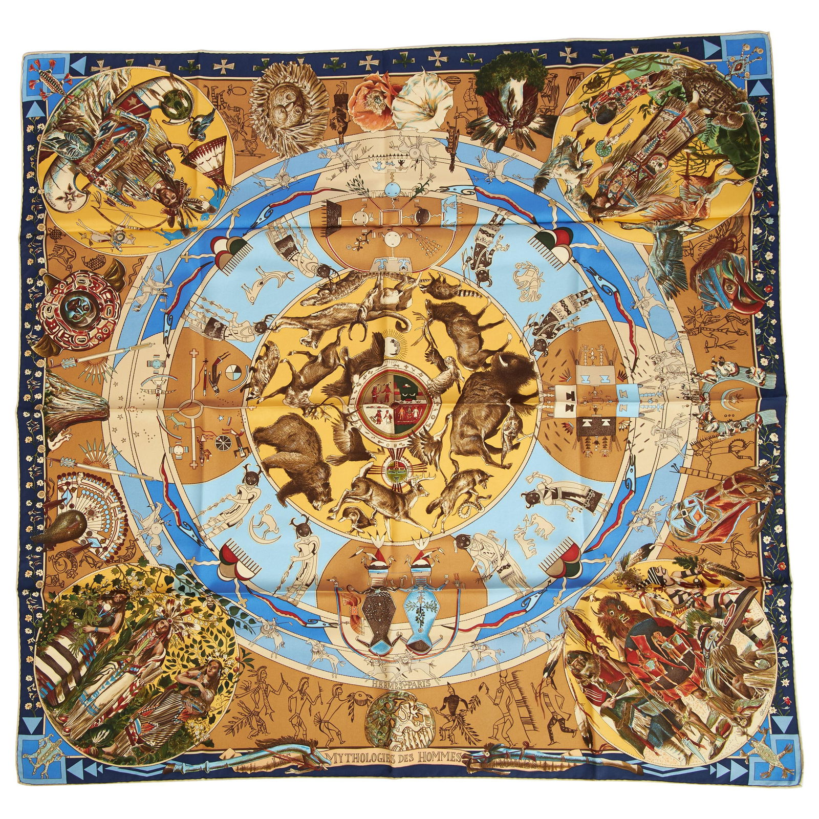 Hermes Silk Mythologies Scarf by Kermit Oliver Blue Brown: Hermes Silk Mythologies Scarf by Kermit Oliver Blue Brown Experience the elegance of the Hermes Silk Mythologies Scarf, an exquisite piece designed by Kermit Oliver. This collectible scarf showcases a