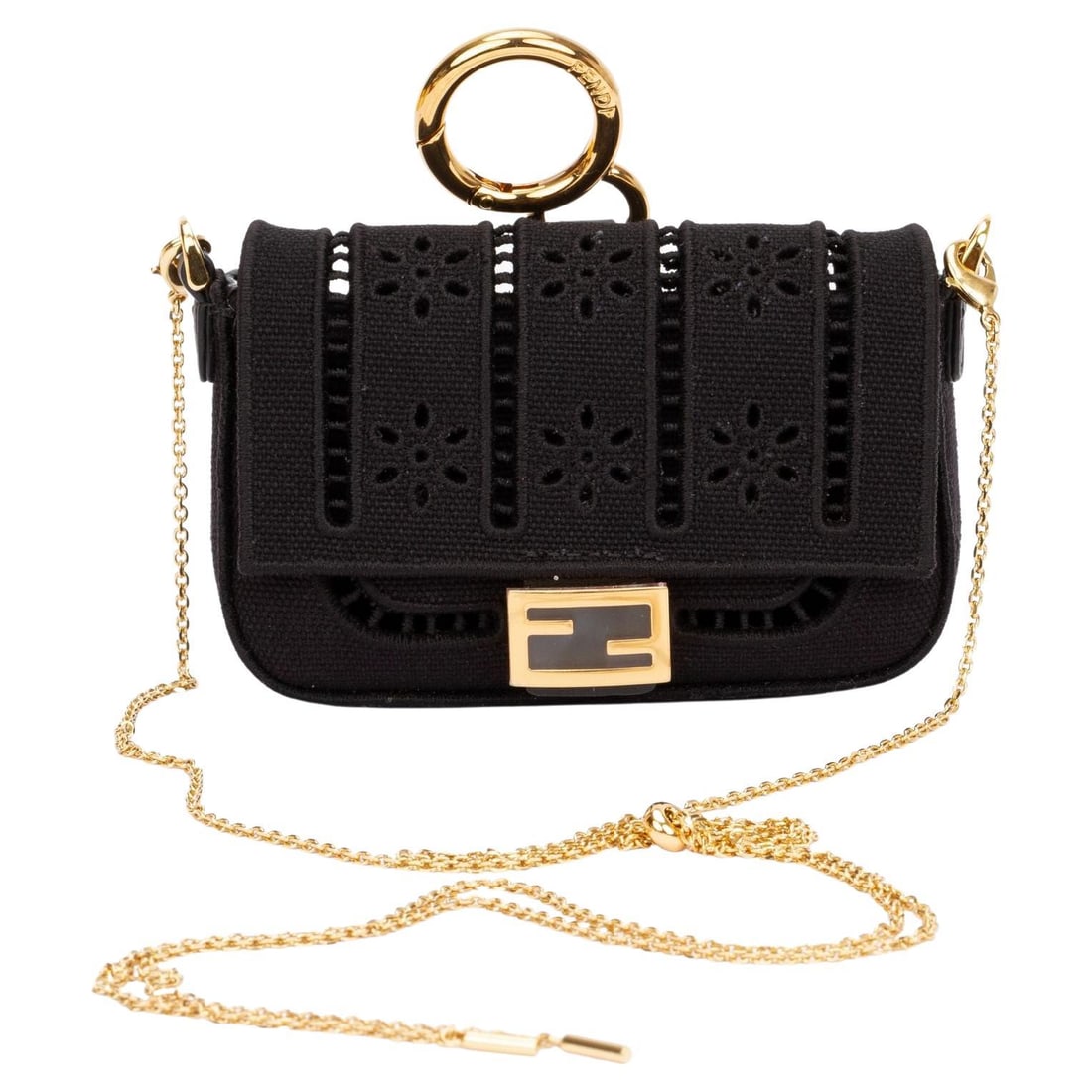 Fendi Black Perforated Canvas Nano Baguette with Gold Chain: Fendi Black Perforated Canvas Nano Baguette with Gold Chain This Fendi Canvas Embroidered Nano Baguette is a stylish accessory crafted from black perforated canvas. With dimensions of 2.75 in (6.99 cm