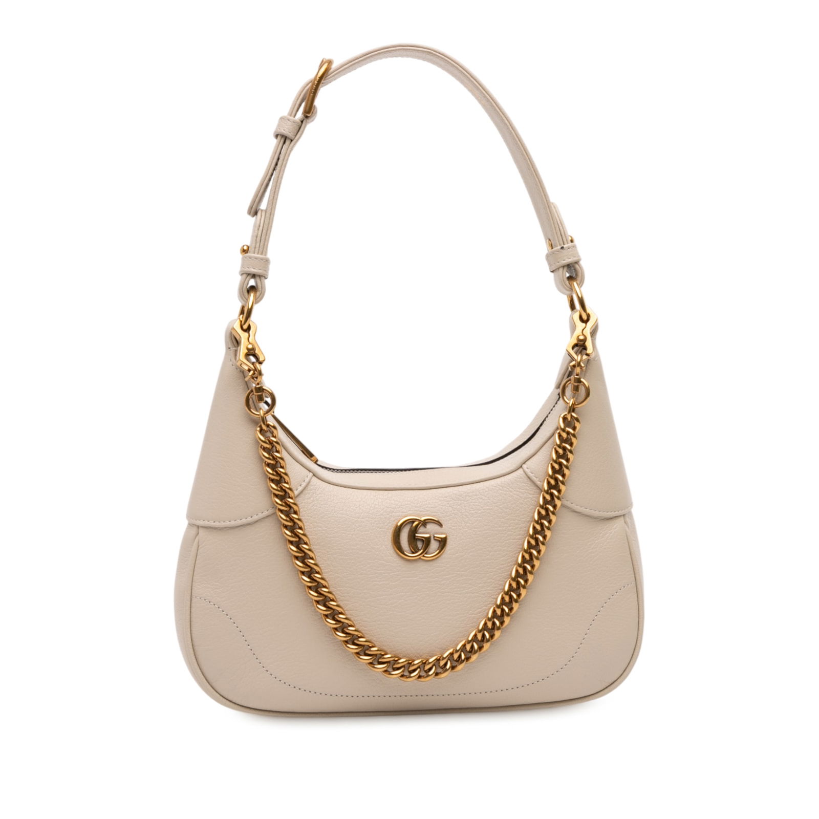 Gucci Aphrodite White Leather Small Satchel with Chain Handle: Gucci Aphrodite White Leather Small Satchel with Chain Handle This Gucci Small Calfskin Aphrodite Satchel features a sleek leather body in white, complemented by a flat leather shoulder strap, a leath