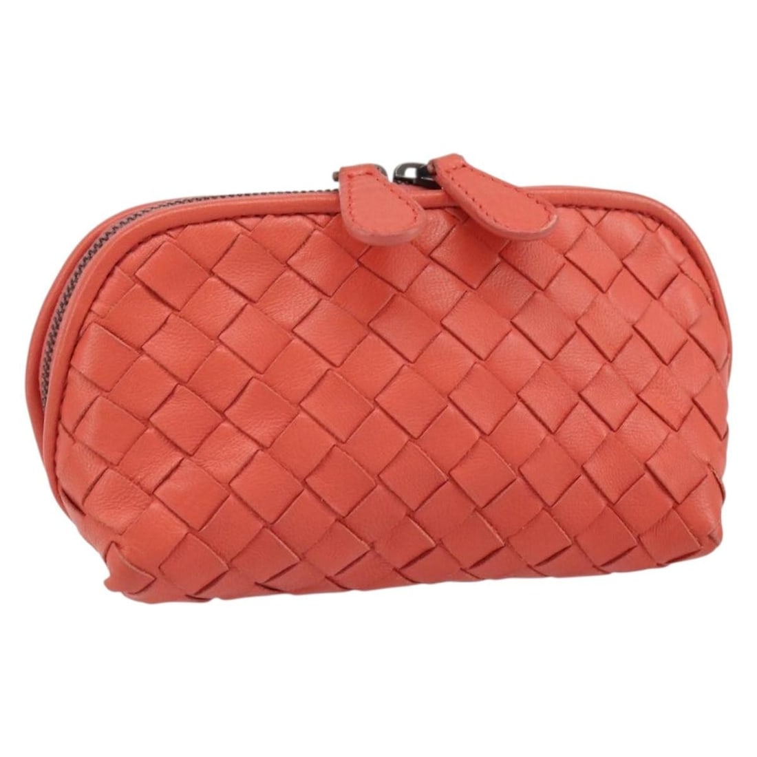 Orange Leather Intrecciato Pouch by Bottega Veneta with Dust Bag: Orange Leather Intrecciato Pouch by Bottega Veneta with Dust Bag This Bottega Veneta Intrecciato pouch features orange leather in the brand's iconic woven design. The compact accessory is crafted in I