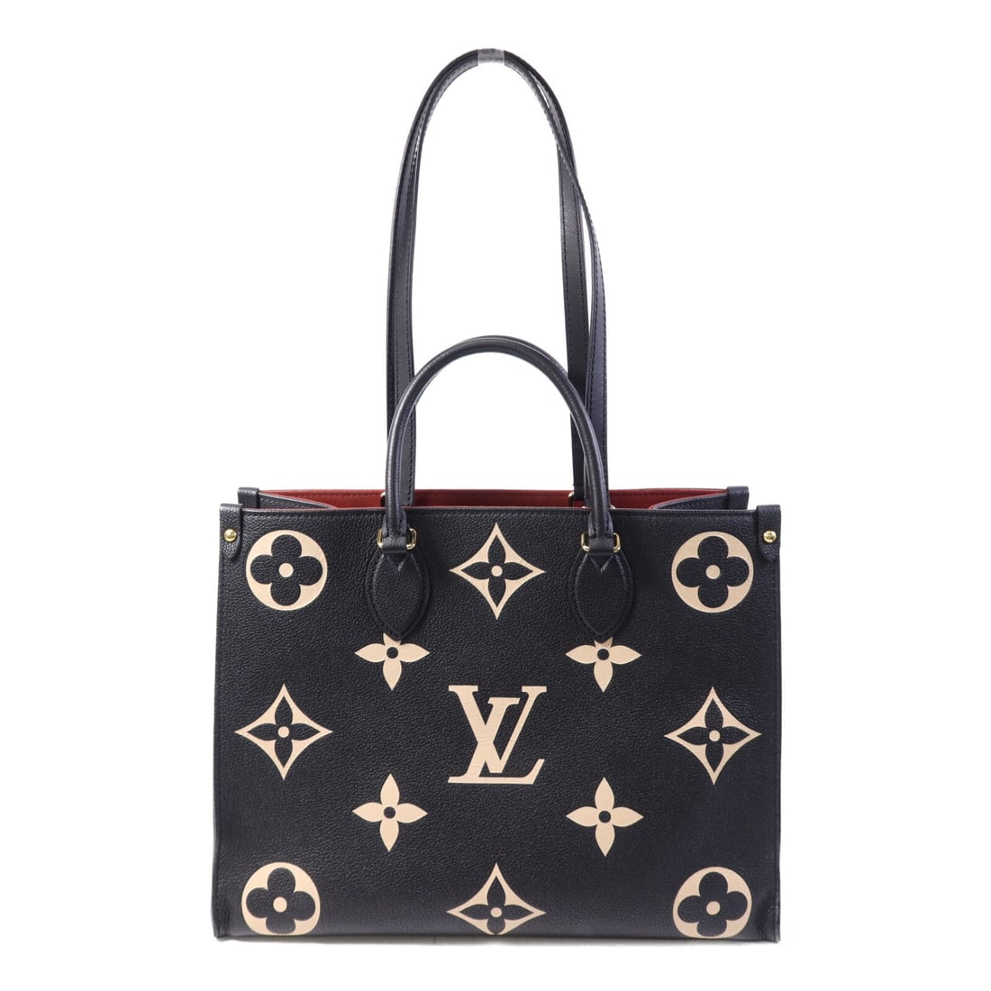 Black Monogram Empreinte OnTheGO Shoulder Bag by Louis Vuitton M45495: Black Monogram Empreinte OnTheGO Shoulder Bag by Louis Vuitton M45495 This is a Louis Vuitton OnTheGO 2-way shoulder bag crafted from black calfskin leather in the Monogram Empreinte pattern. The bag