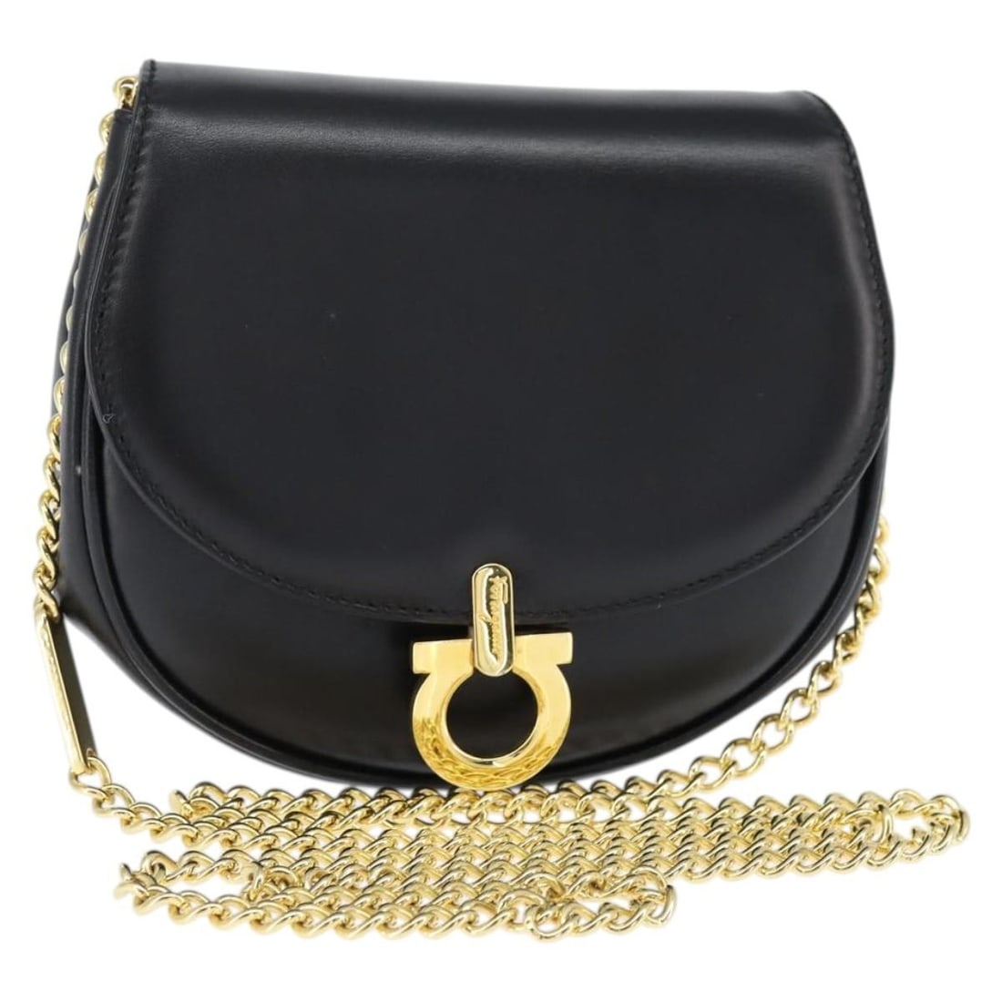 Salvatore Ferragamo Black Gold Gancini Leather Shoulder Bag Auth 151140 (1 of 18)