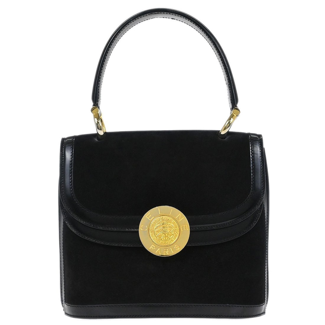 Celine Medium Black Suede Top Handle Leather Handbag F/01: Celine Medium Black Suede Top Handle Leather Handbag F/01 This Celine handbag features a black suede exterior with leather accents and a top handle design, ideal for casual occasions. It is a medium-s