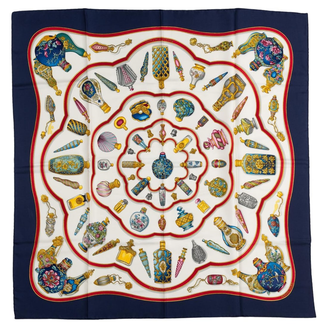 Hermes Qu'Import Le Flacon 100% Silk Scarf by Catherine Baschet: Hermes Qu'Import Le Flacon 100% Silk Scarf by Catherine Baschet Introducing the exquisite Hermes "Qu'Import Le Flacon" Silk Scarf, a luxurious accessory that embodies elegance and sophistication. Craf
