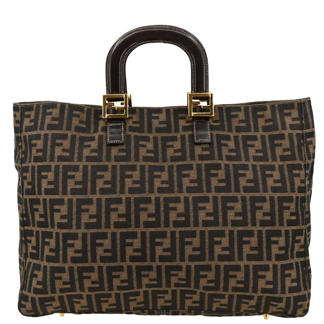Fendi Zucca Brown Canvas Tote Handbag with Gold Hardware: Fendi Zucca Brown Canvas Tote Handbag with Gold Hardware Elevate your casual style with this Fendi Brown Zucca Tote Handbag, a perfect blend of luxury and functionality. Crafted in Italy, this spaciou
