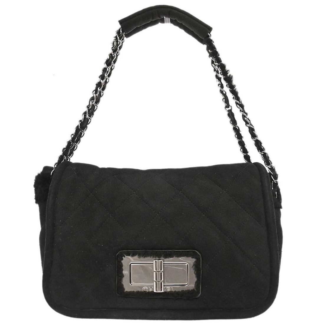 Black Mouton Top Handle Bag with Mademoiselle Lock by Chanel: Black Mouton Top Handle Bag with Mademoiselle Lock by Chanel This Chanel Black Mouton Mademoiselle Lock Handbag features a soft mouton exterior in black with a top handle design. It is a medium-sized