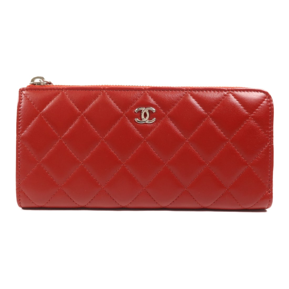 CHANEL Red Lambskin Leather Long Wallet with SHW: CHANEL Red Lambskin Leather Long Wallet with SHW This exquisite CHANEL Around Long Wallet is crafted from high-quality lambskin leather, showcasing a luxurious red hue. The wallet features a sleek des