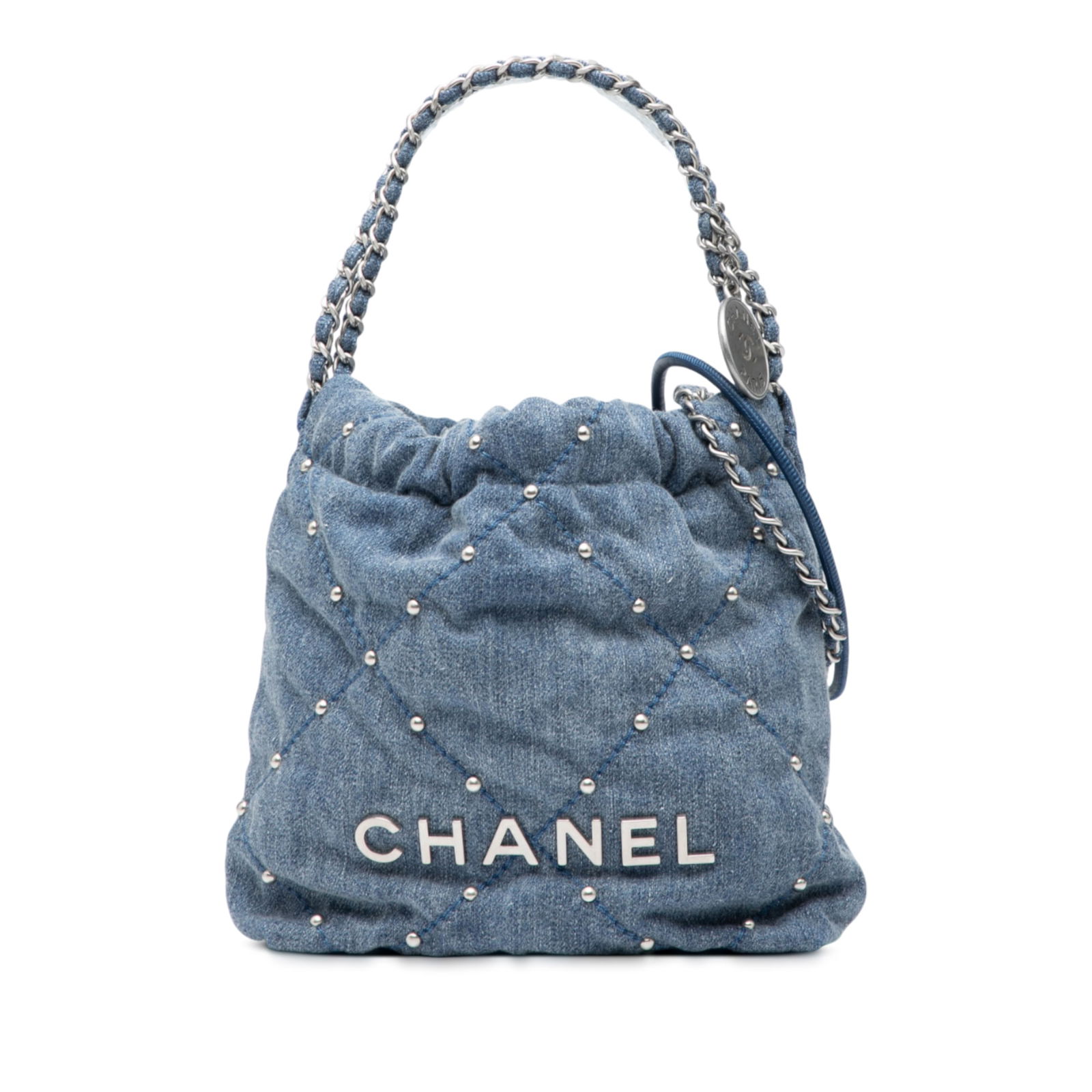 Chanel Mini Denim Studded 22 Handbag Blue Fabric Italy: Chanel Mini Denim Studded 22 Handbag Blue Fabric Italy This stylish Chanel Mini Denim Studded 22 Handbag showcases a chic denim body adorned with stud details, complemented by a leather woven chain li