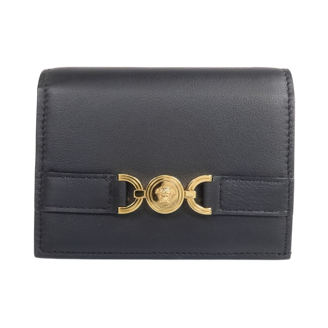 Versace Medusa '95 Black Lambskin Bifold Wallet with Gold Hardware: Versace Medusa '95 Black Lambskin Bifold Wallet with Gold Hardware This Versace bi-fold wallet is crafted from black lambskin leather and features the iconic Medusa '95 design. It is designed in a reg