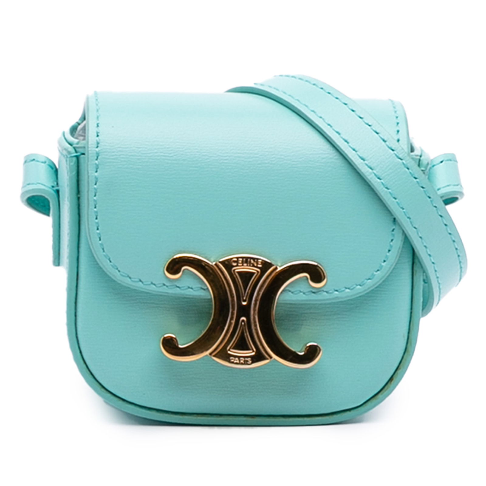 Celine Leather Triomphe Blue AirPods Case with Strap Italy: Celine Leather Triomphe Blue AirPods Case with Strap Italy This stylish Celine Leather Triomphe AirPods Case doubles as a crossbody bag, featuring a luxurious leather body in a stunning blue color. It