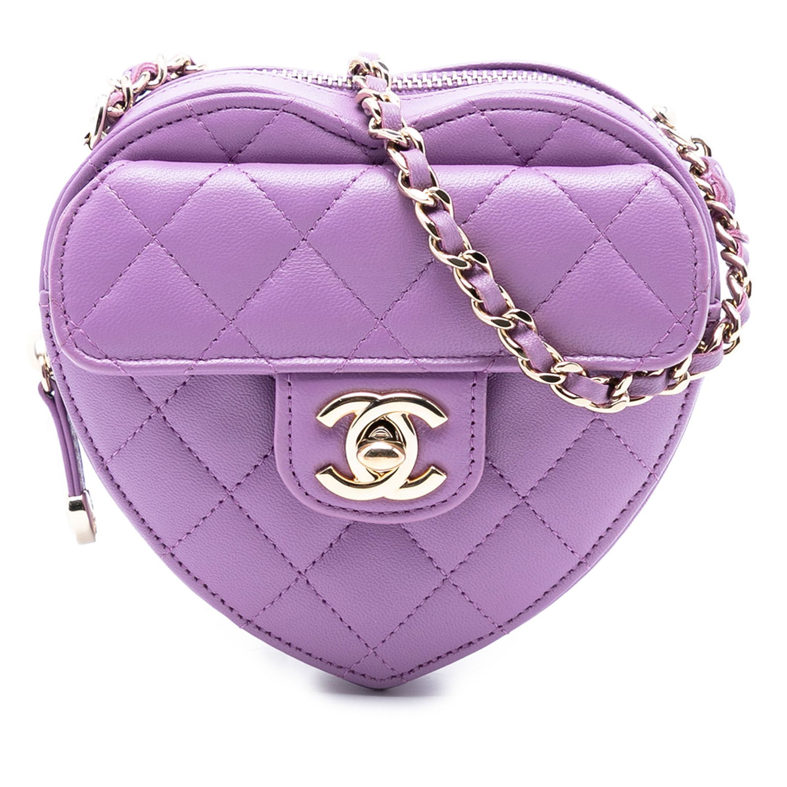 Chanel Mini Heart Shaped Quilted Lambskin Leather Crossbody Bag: Chanel Mini Heart Shaped Quilted Lambskin Leather Crossbody Bag This Chanel Mini Lambskin CC in Love Heart Crossbody bag features a quilted lambskin leather body in purple, a leather-woven chain shoul