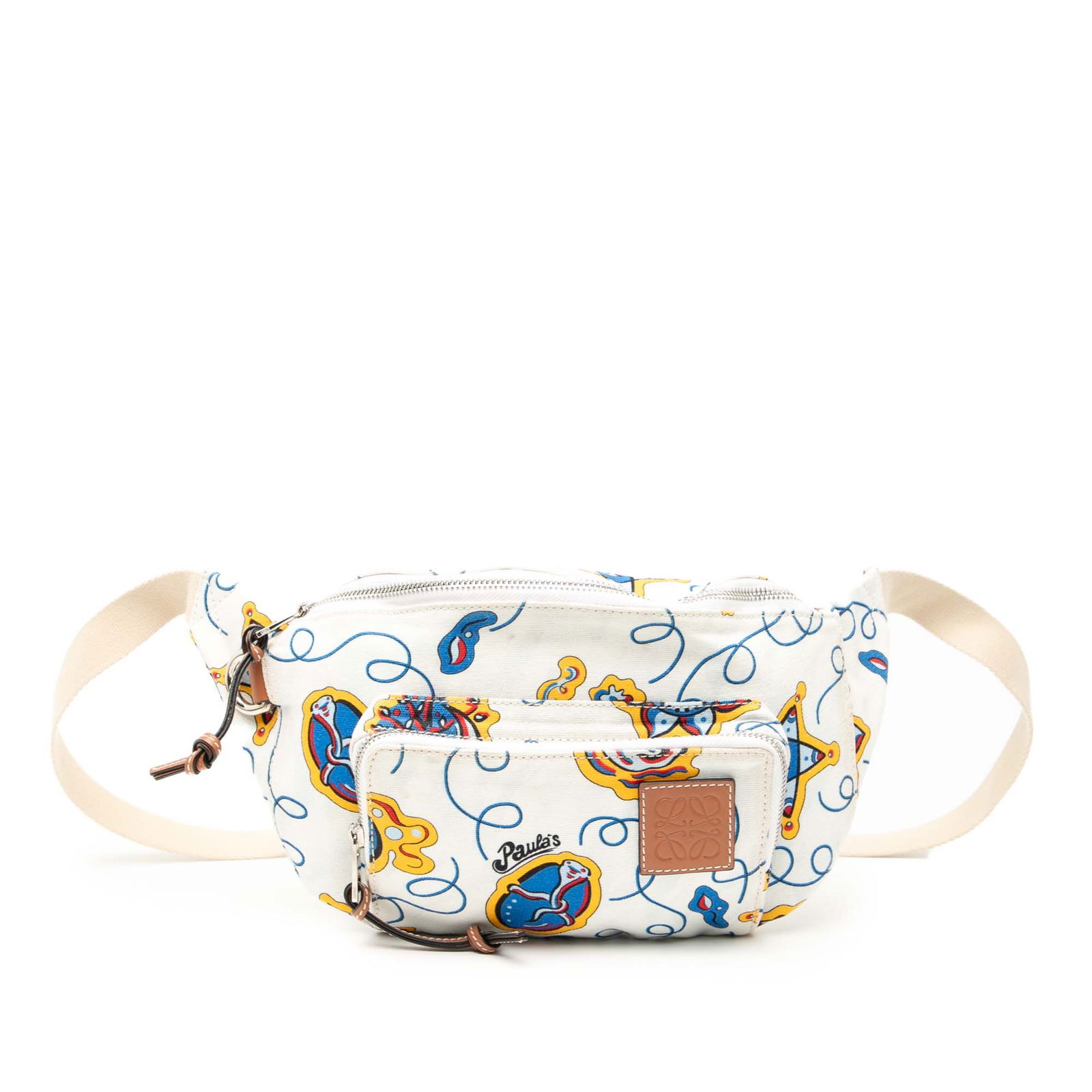 Paulas Ibiza Canvas Belt Bag by Loewe with Printed Design: Paulas Ibiza Canvas Belt Bag by Loewe with Printed Design This LOEWE Paulas Ibiza belt bag features a printed canvas body, an adjustable waist strap, a top zip closure, and an exterior zip pocket. The